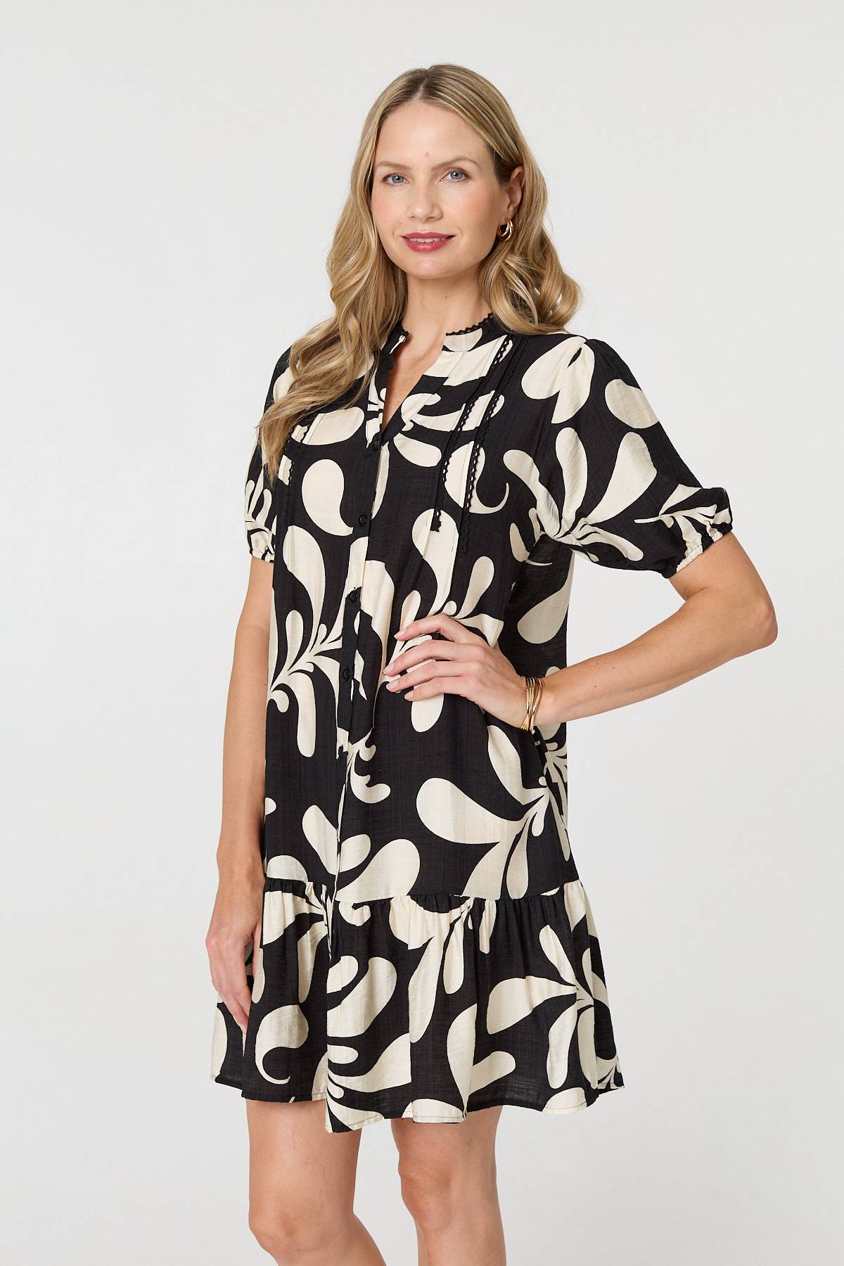 Printed 1/2 Sleeve Tiered Short Dress Front View