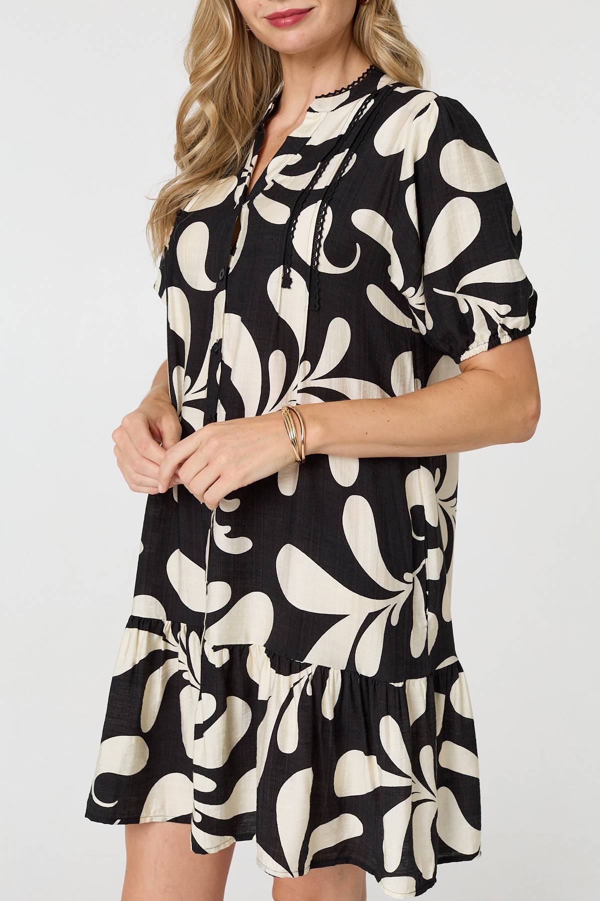 Printed 1/2 Sleeve Tiered Short Dress Styled View