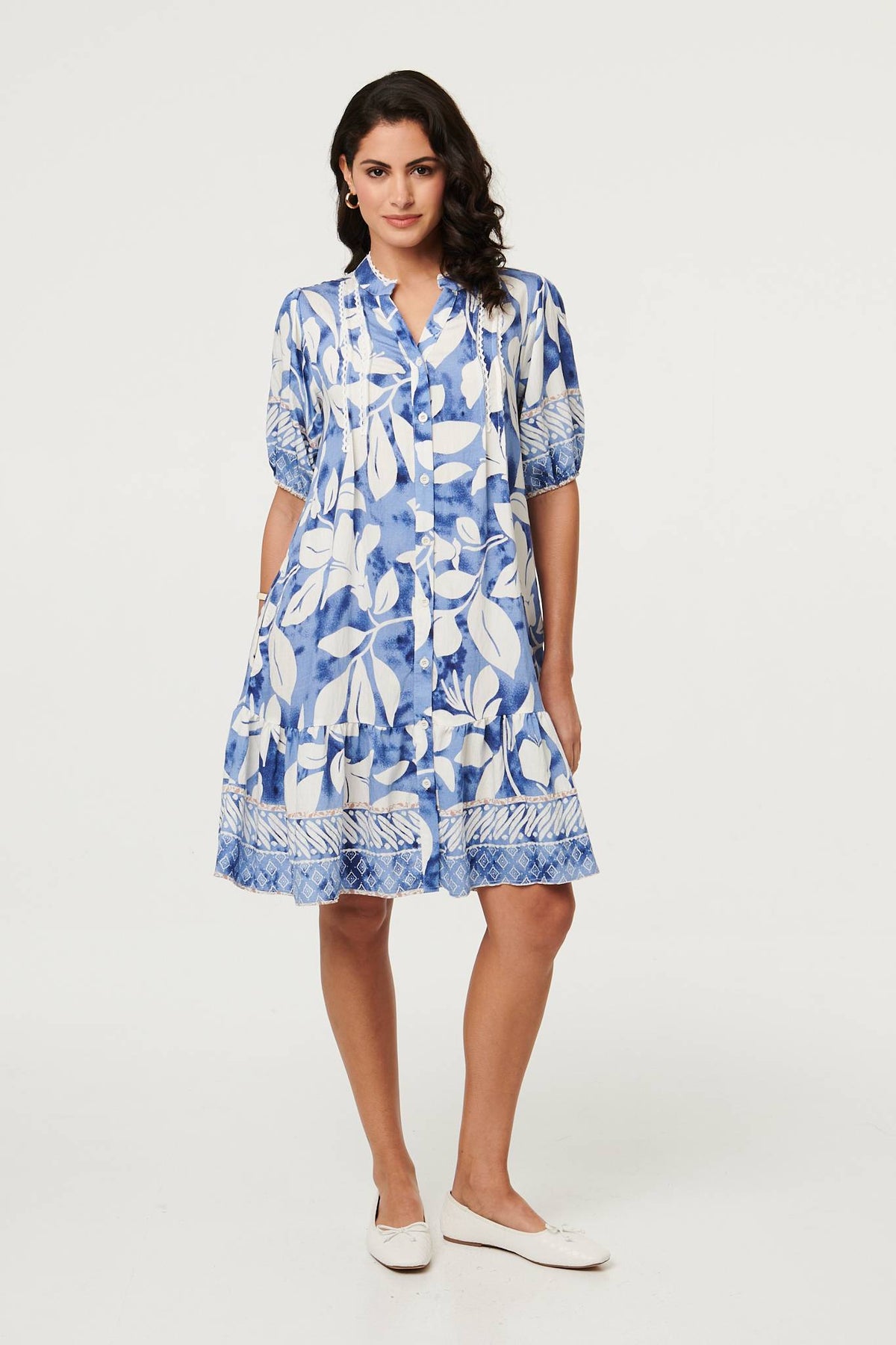 Leaf Print 1/2 Sleeve Knee Length Dress Front View