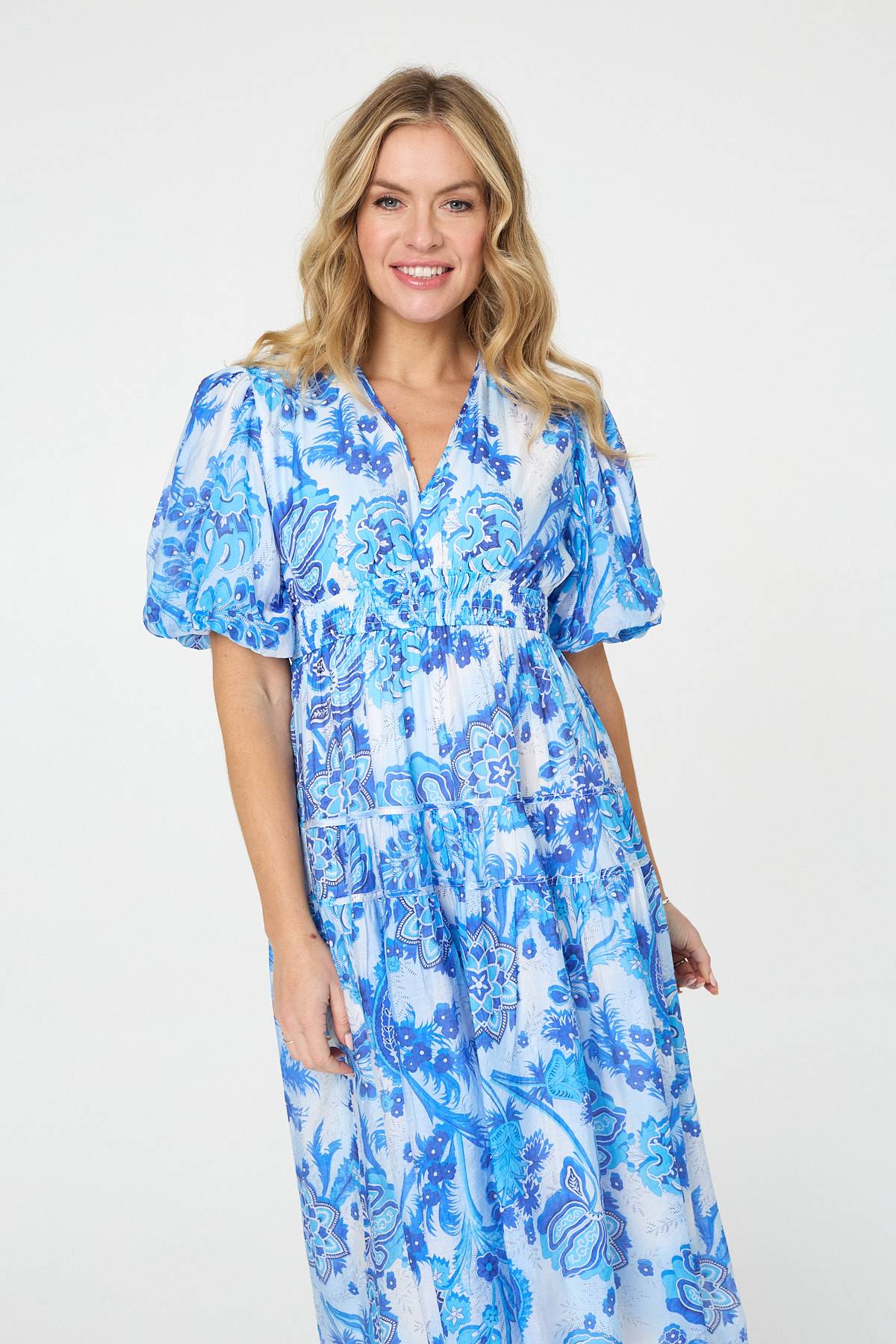 Floral Tiered Puff Sleeve Midi Dress Back View