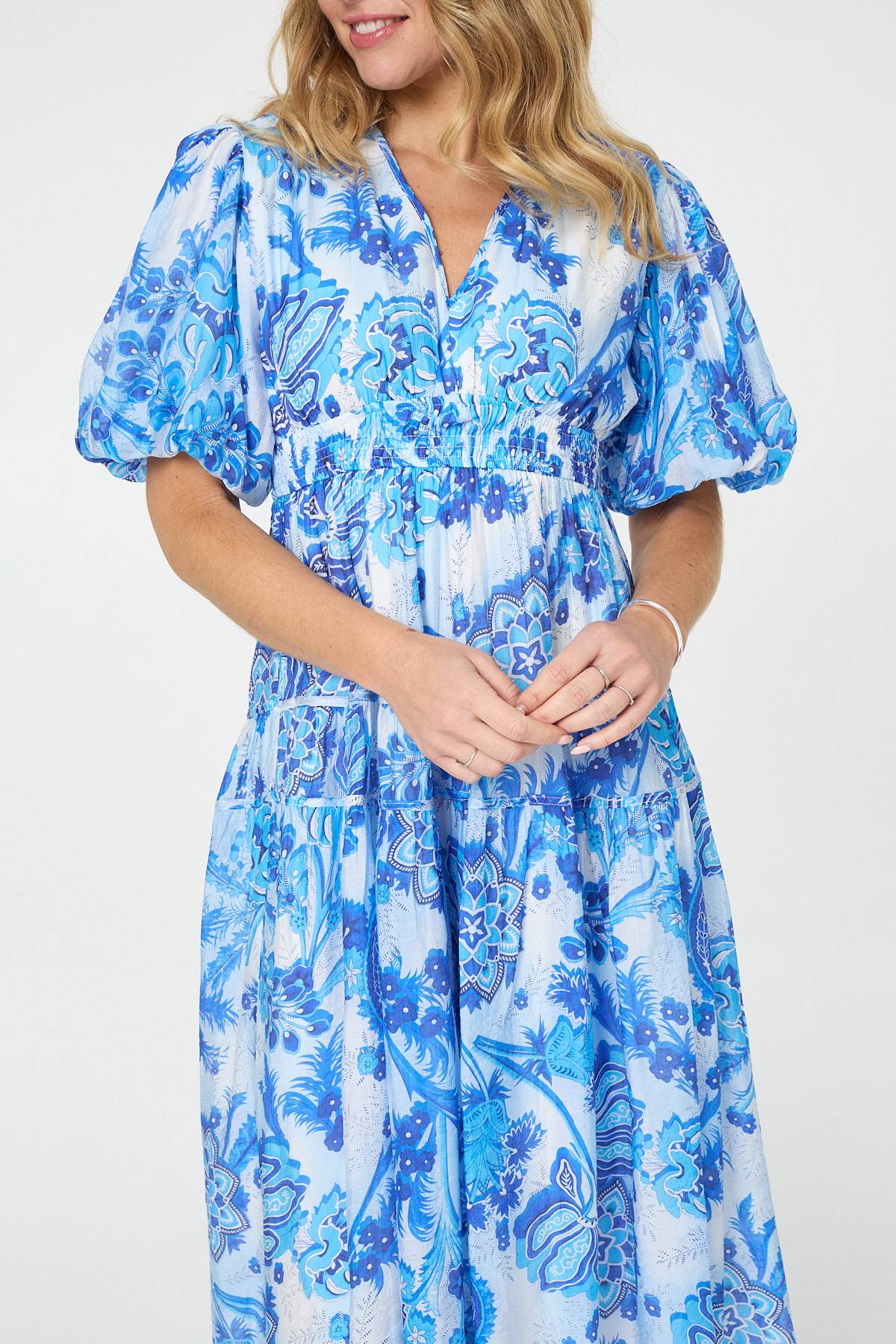 Floral Tiered Puff Sleeve Midi Dress Full Length View