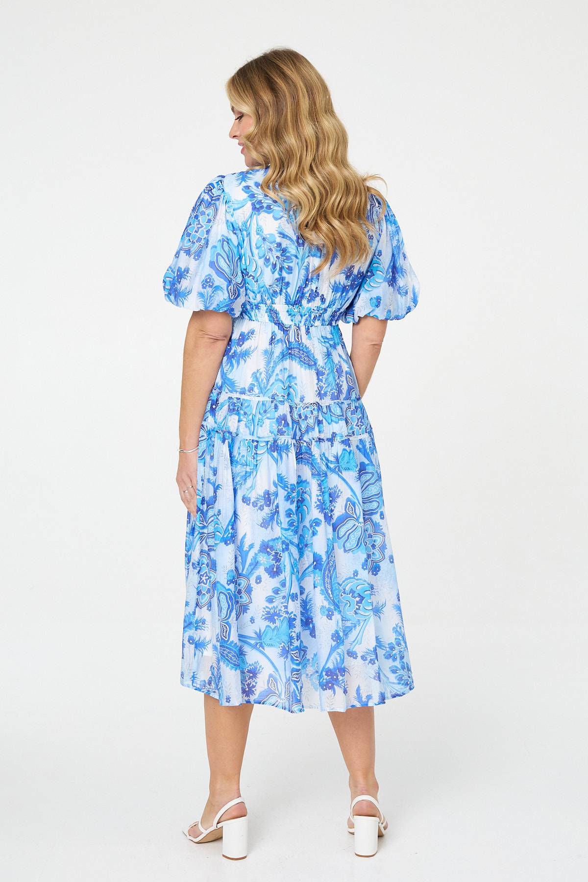 Floral Tiered Puff Sleeve Midi Dress Side View