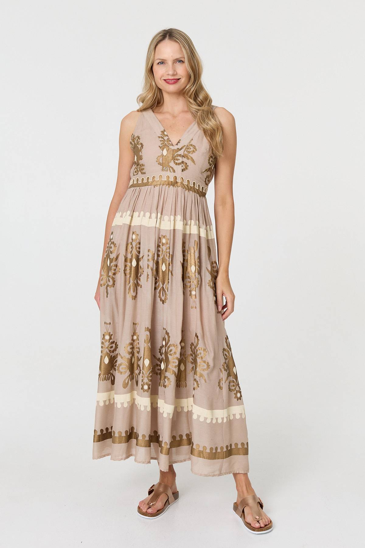 Printed Ruched Sleeveless Maxi Dress Styled View