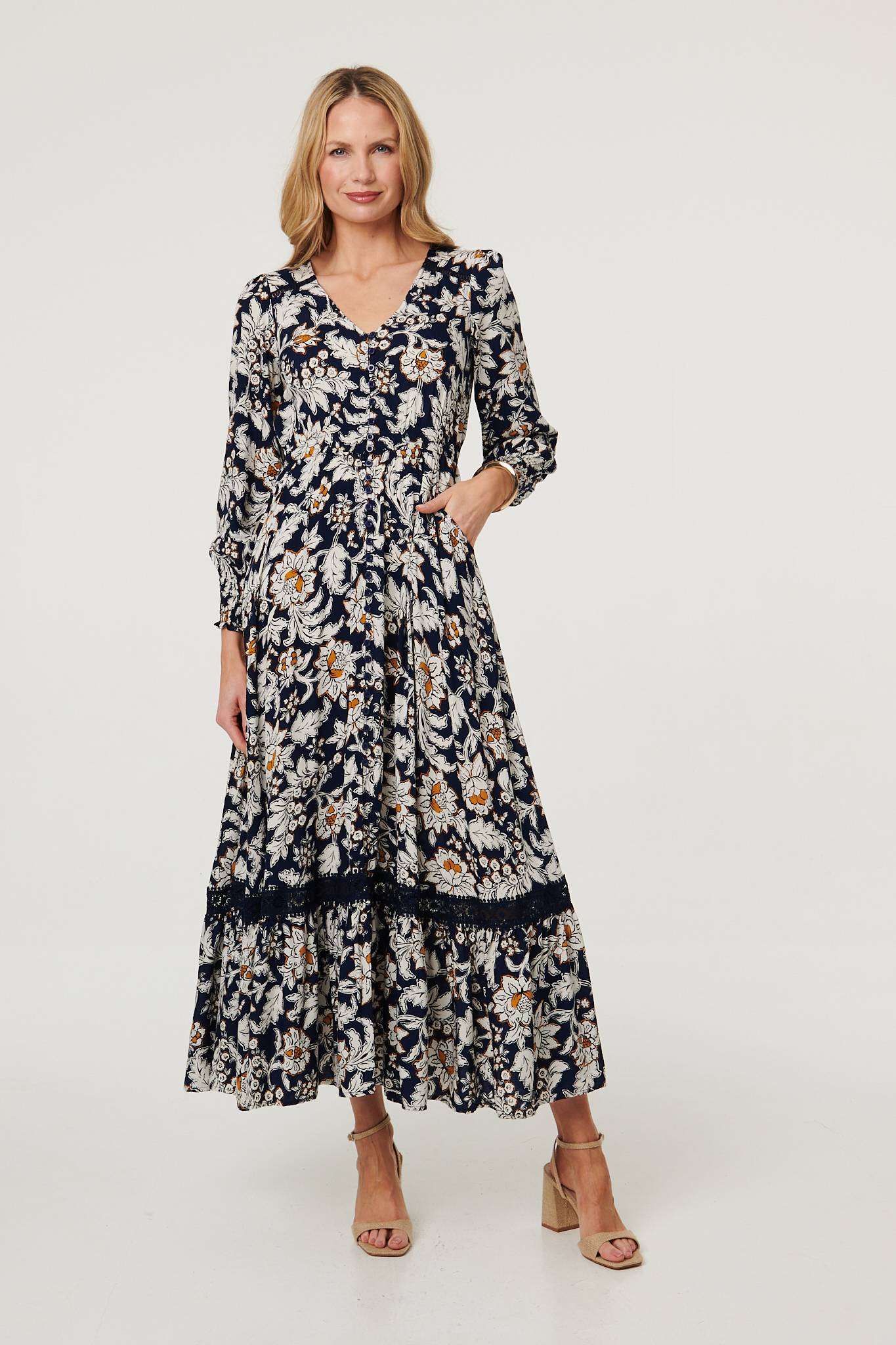 Floral Long Sleeve Trim Maxi Dress Back View