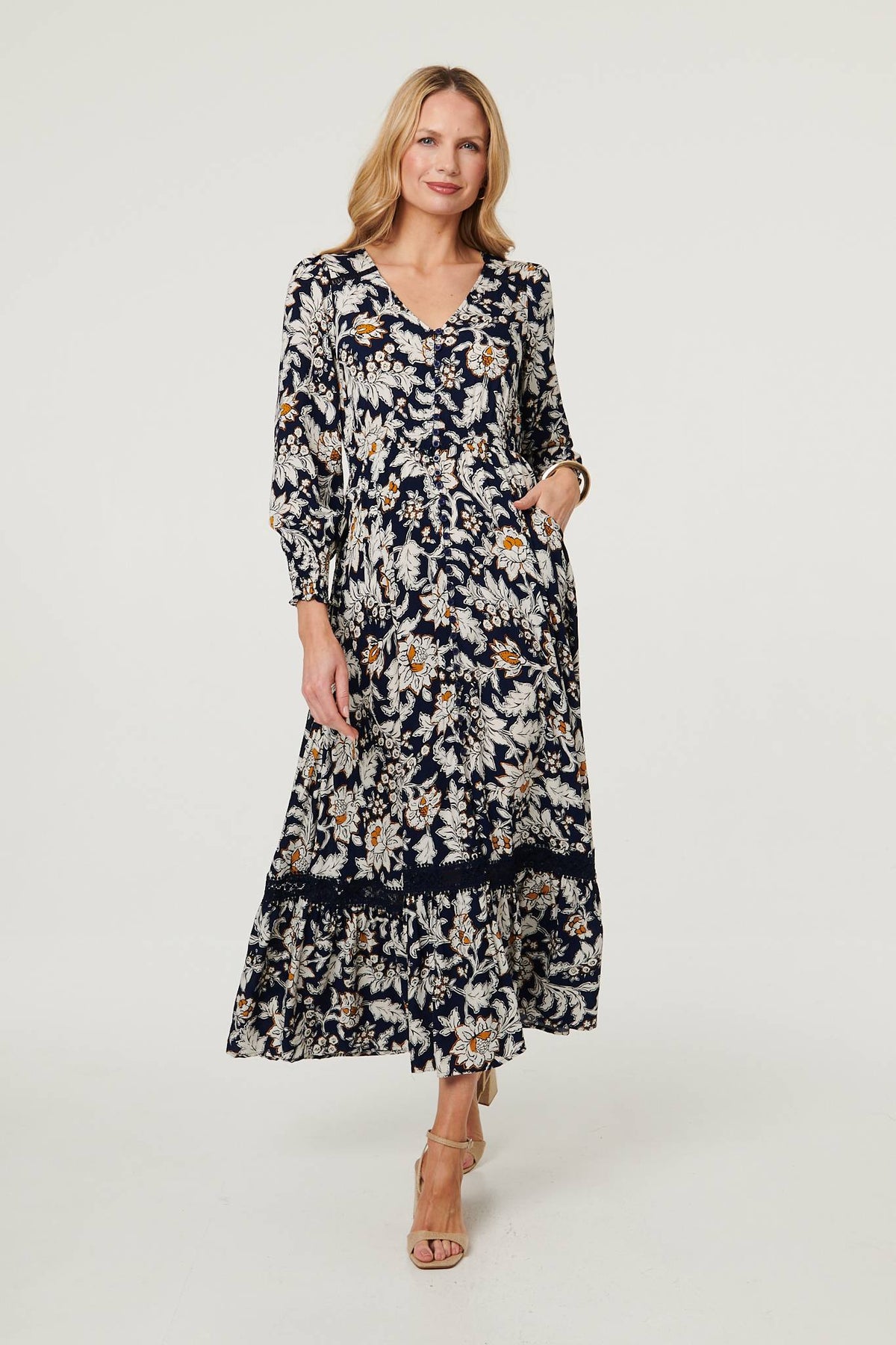 Floral Long Sleeve Trim Maxi Dress Front View