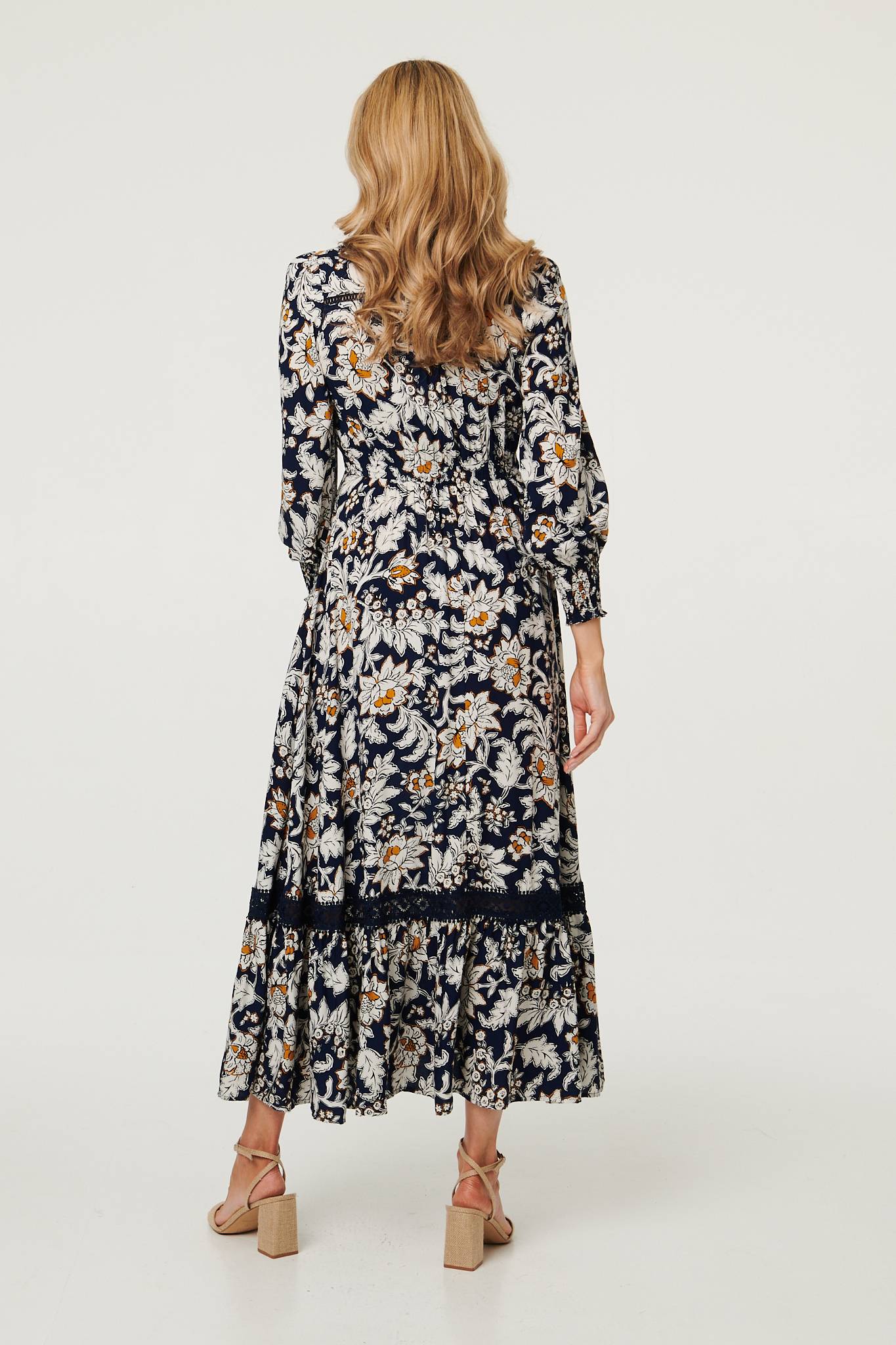 Floral Long Sleeve Trim Maxi Dress Side View