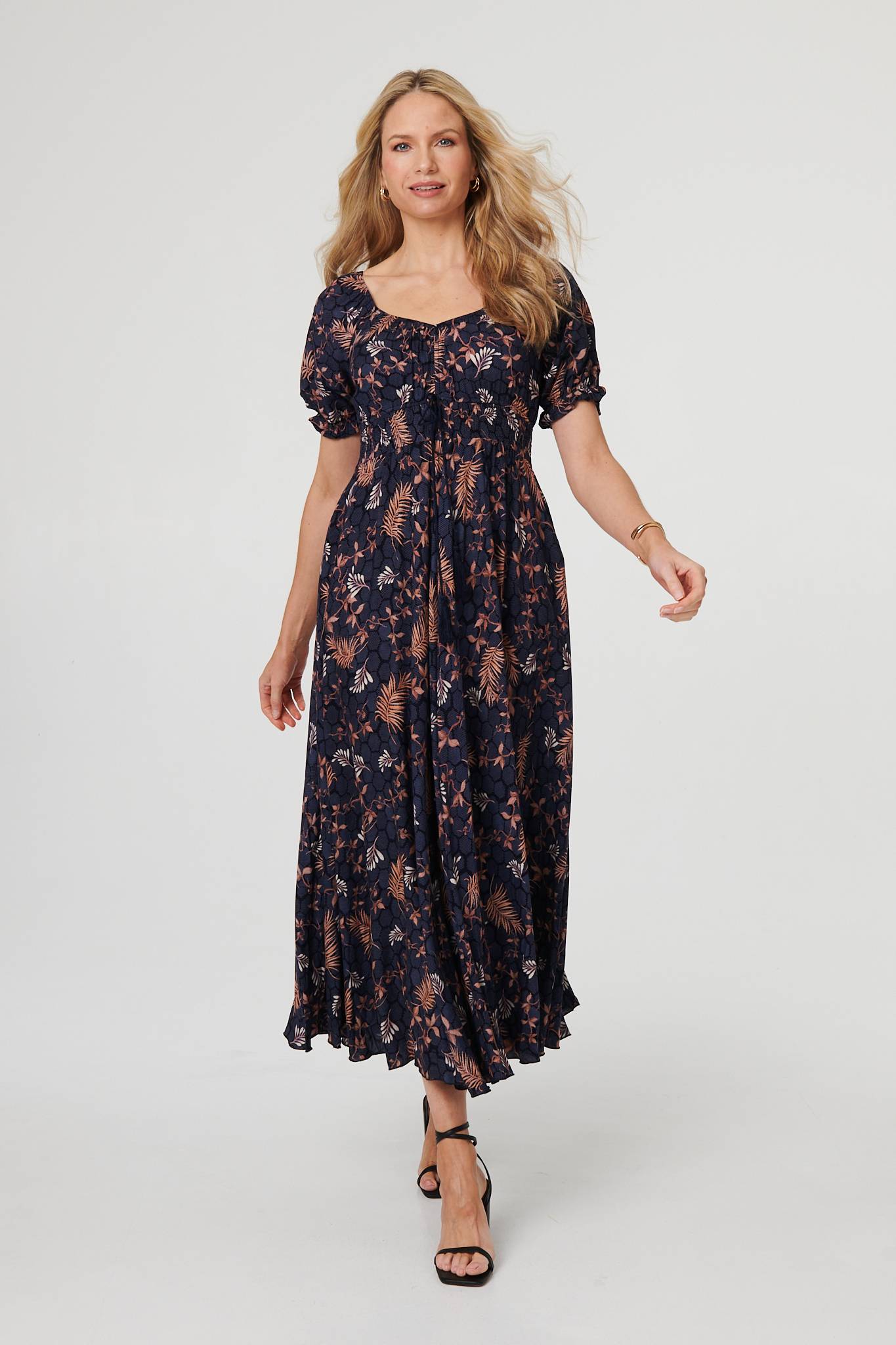 Leaf Print Short Puff Sleeve Maxi Dress Detail View