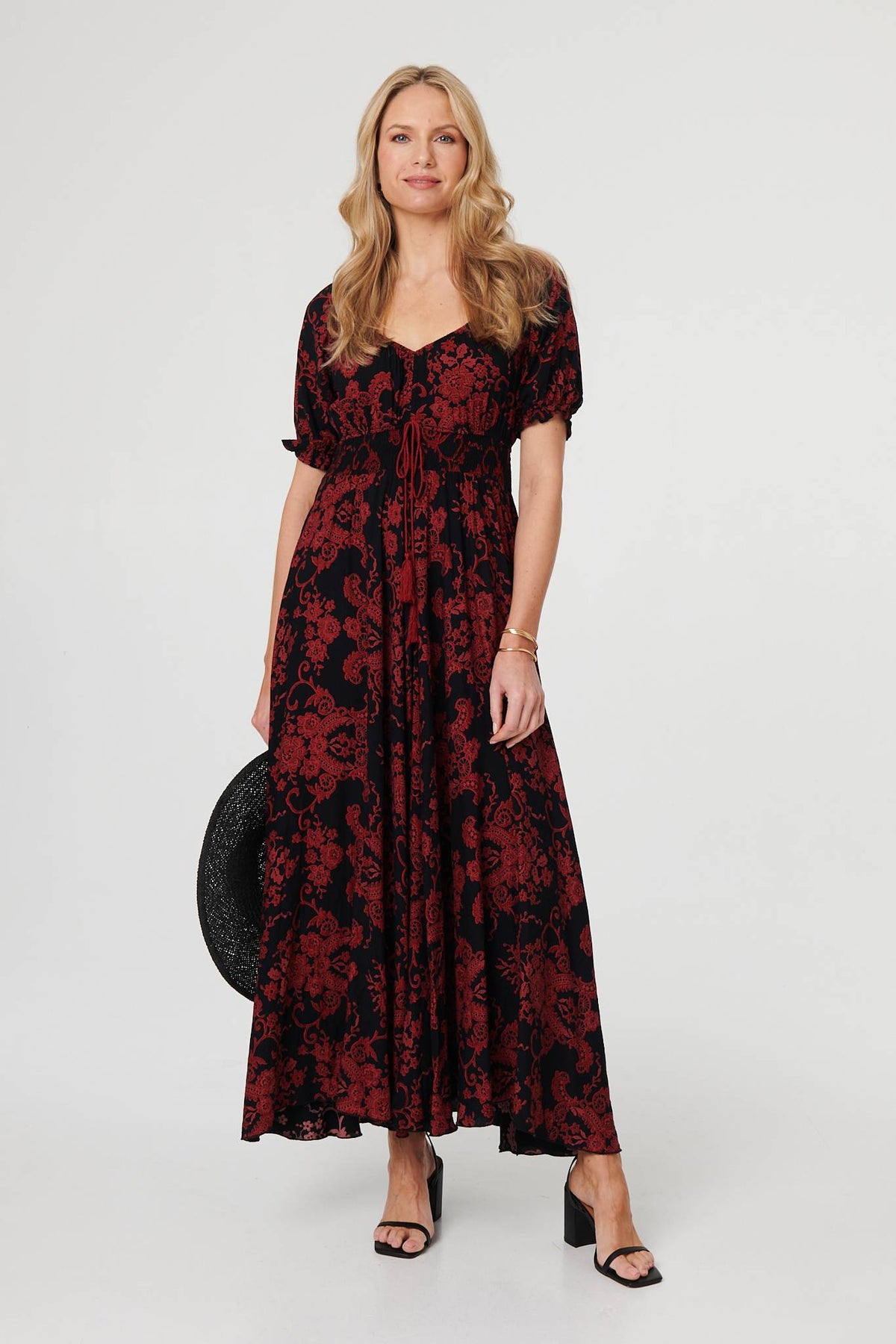 Baroque Print Puff Sleeve Maxi Dress Front View