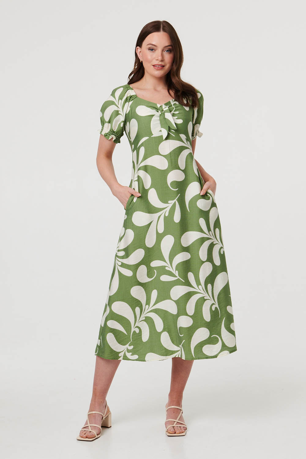 Abstract Puff Sleeve Tie Neck Midi Dress Front View