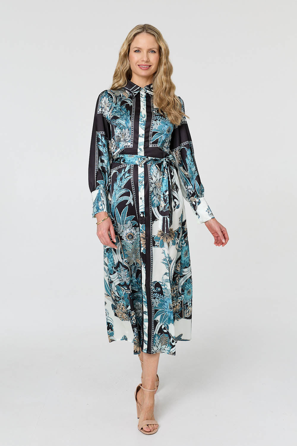 Printed Long Sleeve Tie Shirt Maxi Dress Front View