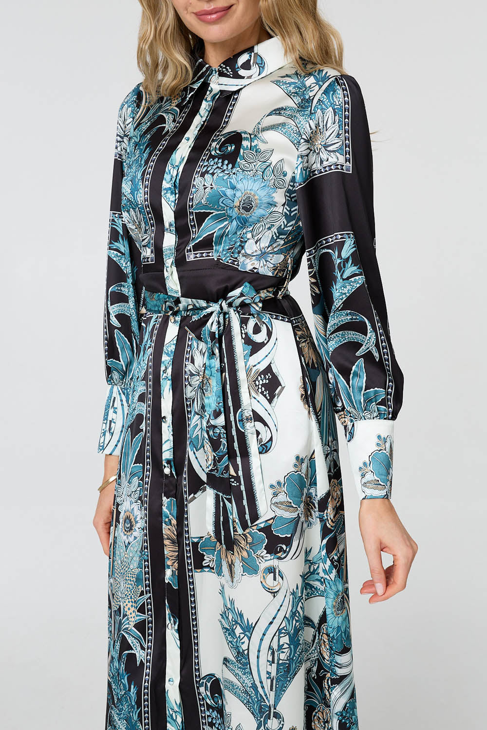 Printed Long Sleeve Tie Shirt Maxi Dress Full Length View