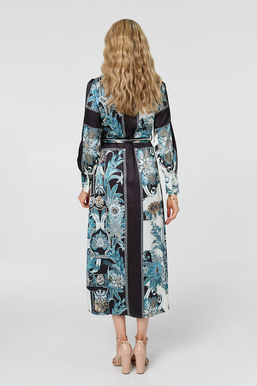 Printed Long Sleeve Tie Shirt Maxi Dress Side View