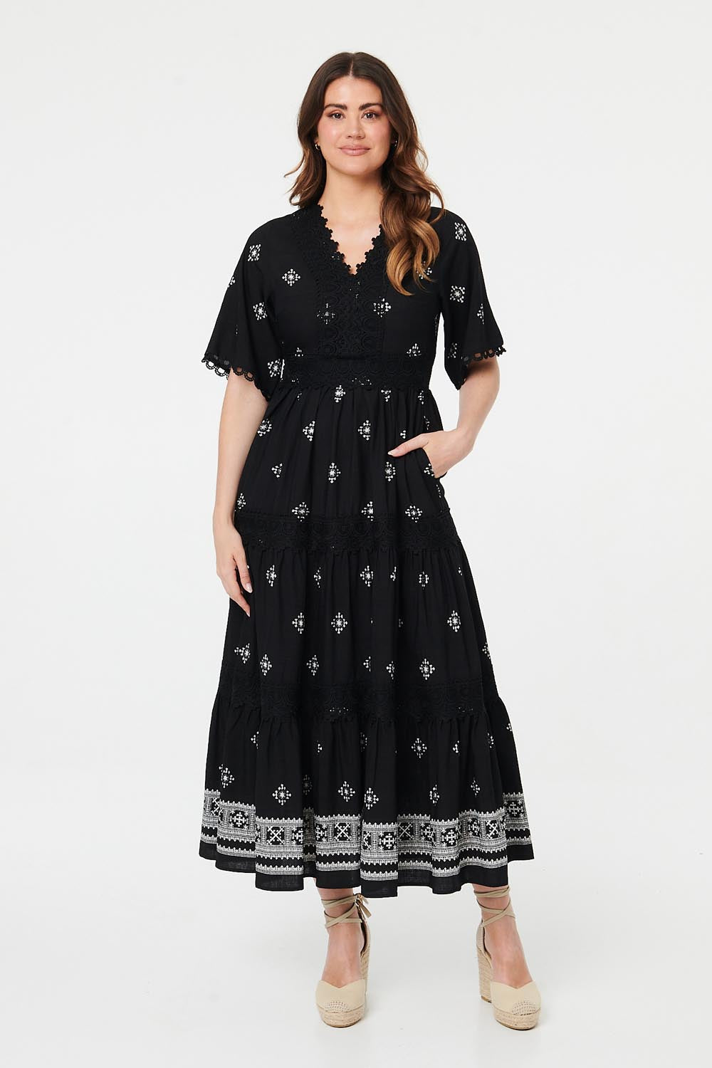 Border Print 1/2 Sleeve Maxi Dress Back View 2