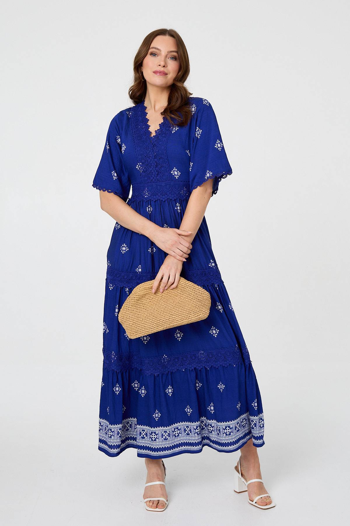 Border Print 1/2 Sleeve Maxi Dress Back View 4
