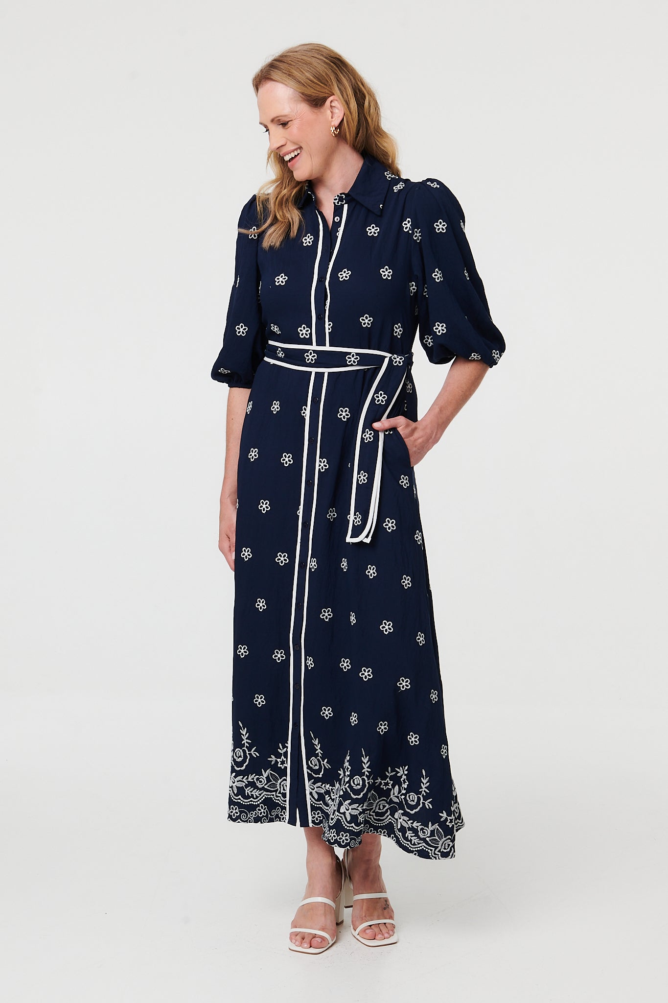 Embroidered Texture Tie Waist Maxi Dress Styled View
