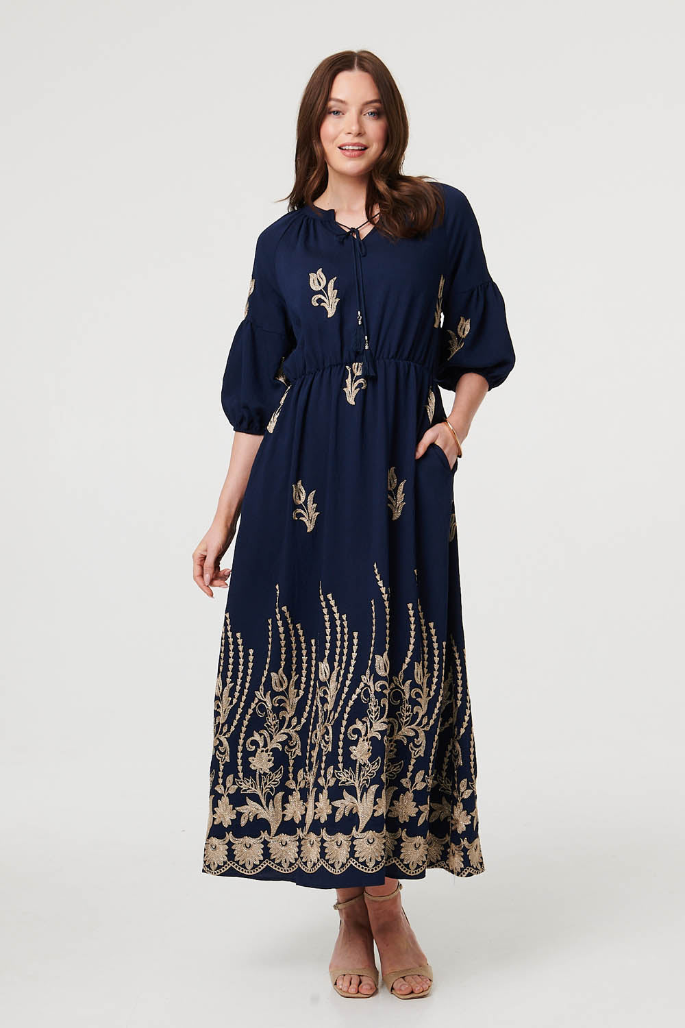 Floral Embroidered 3/4 Sleeve Maxi Dress Detail View
