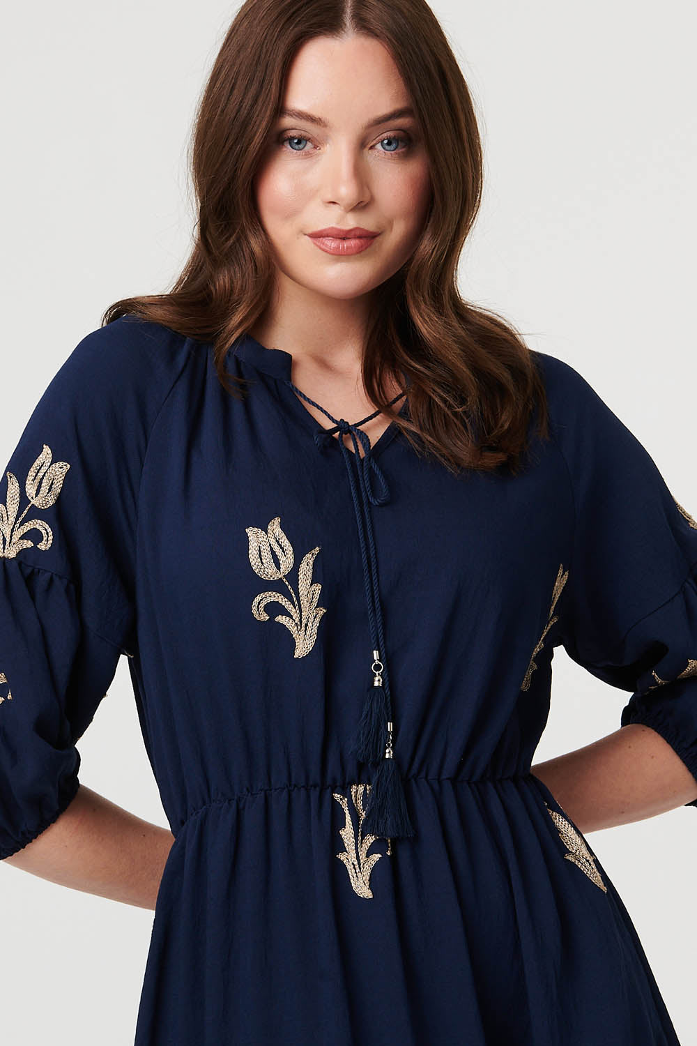 Floral Embroidered 3/4 Sleeve Maxi Dress Full Length View