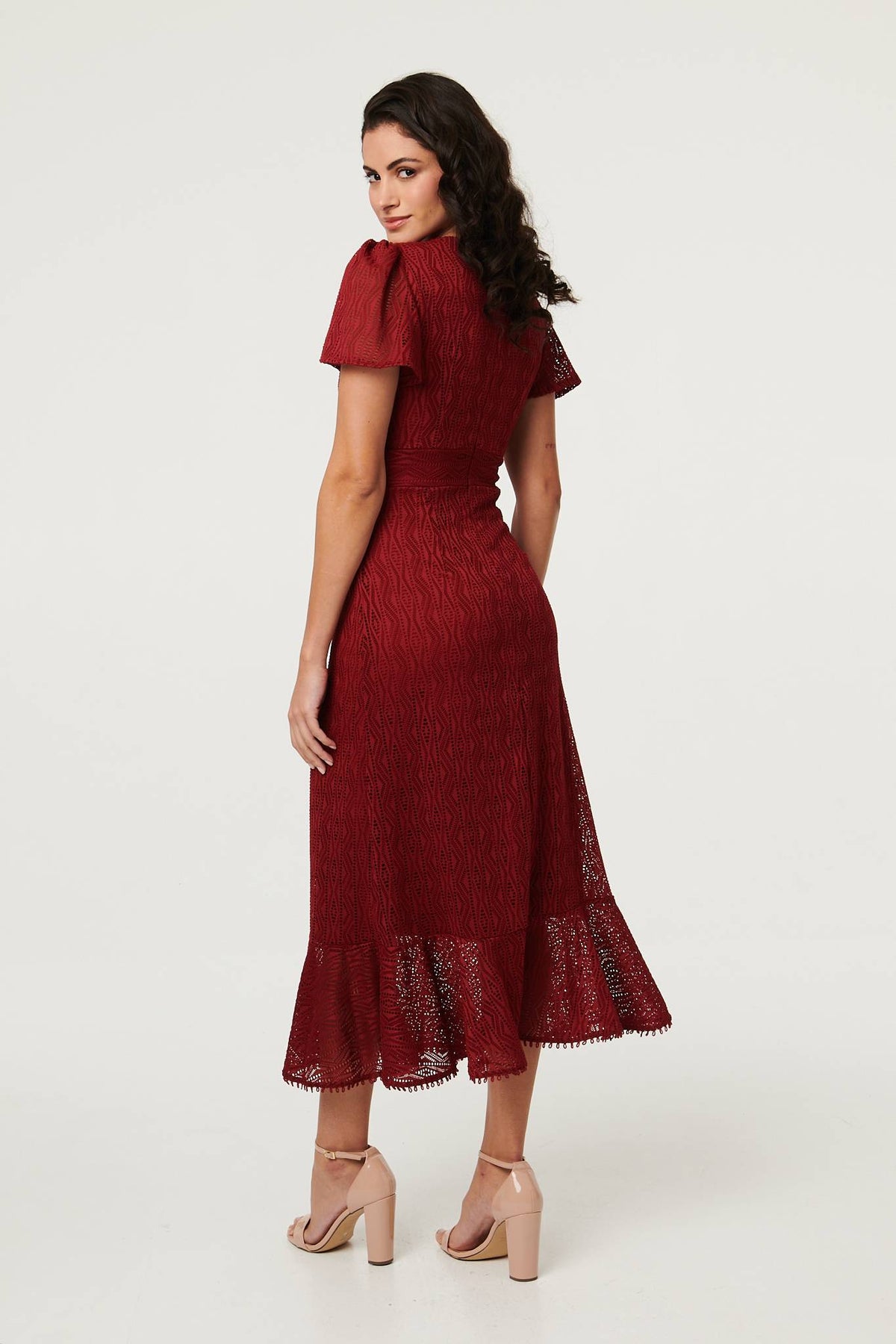 Printed Lace Texture Slim Midi Dress Side View