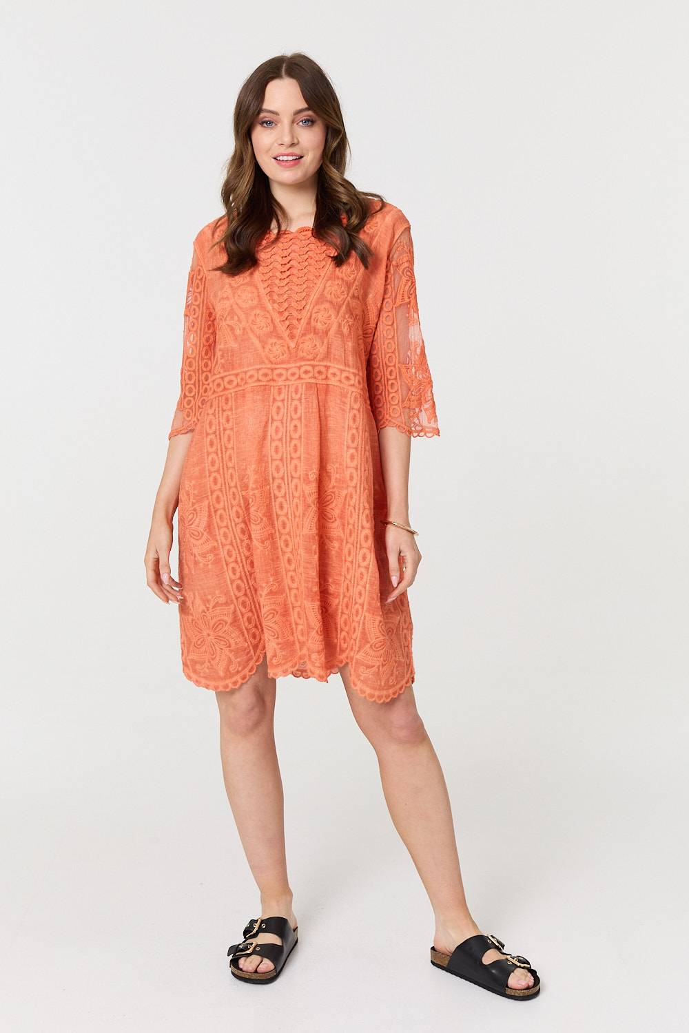 Lace Mesh Textured 1/2 Sleeve Mini Dress Full Length View