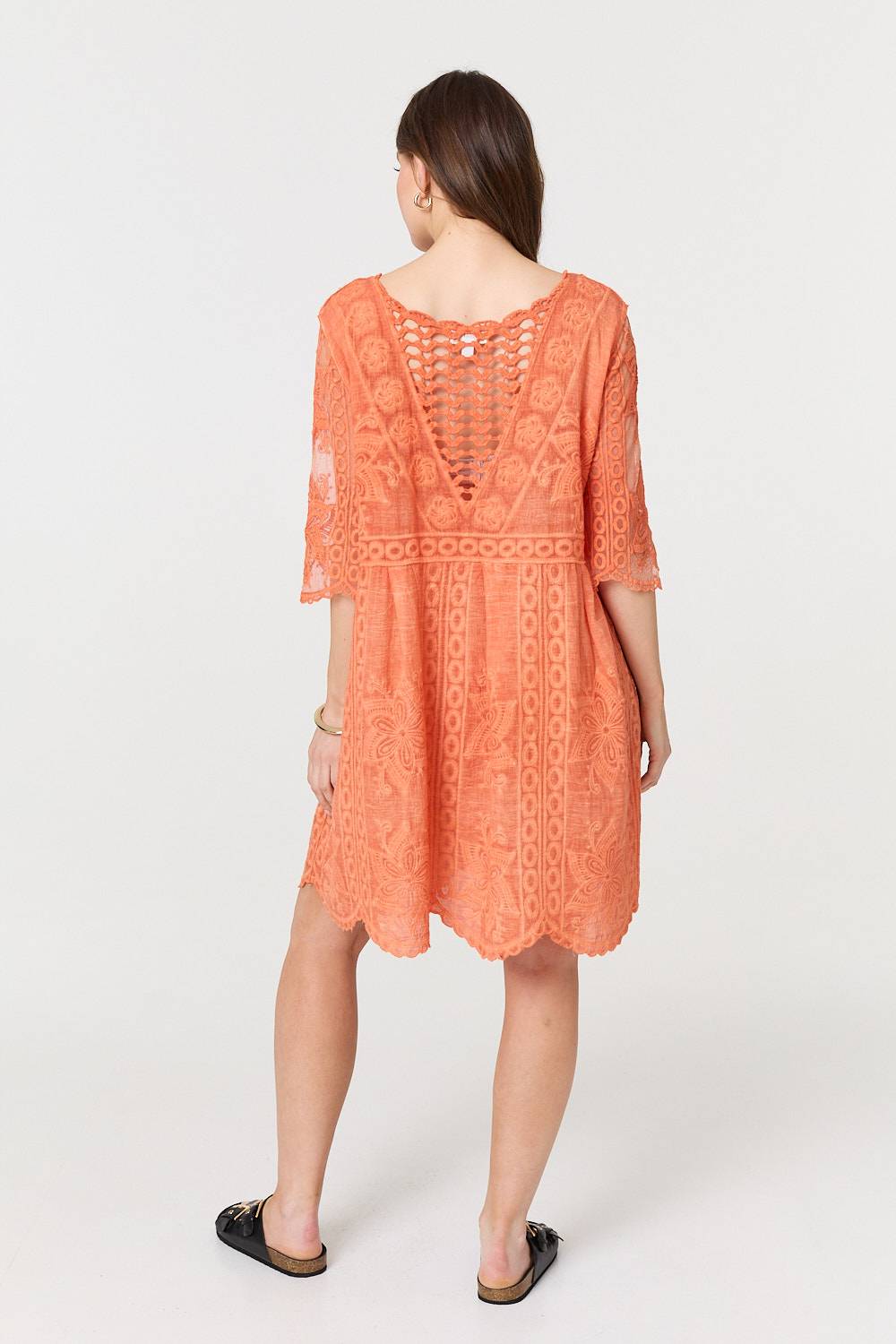 Lace Mesh Textured 1/2 Sleeve Mini Dress Front View 2