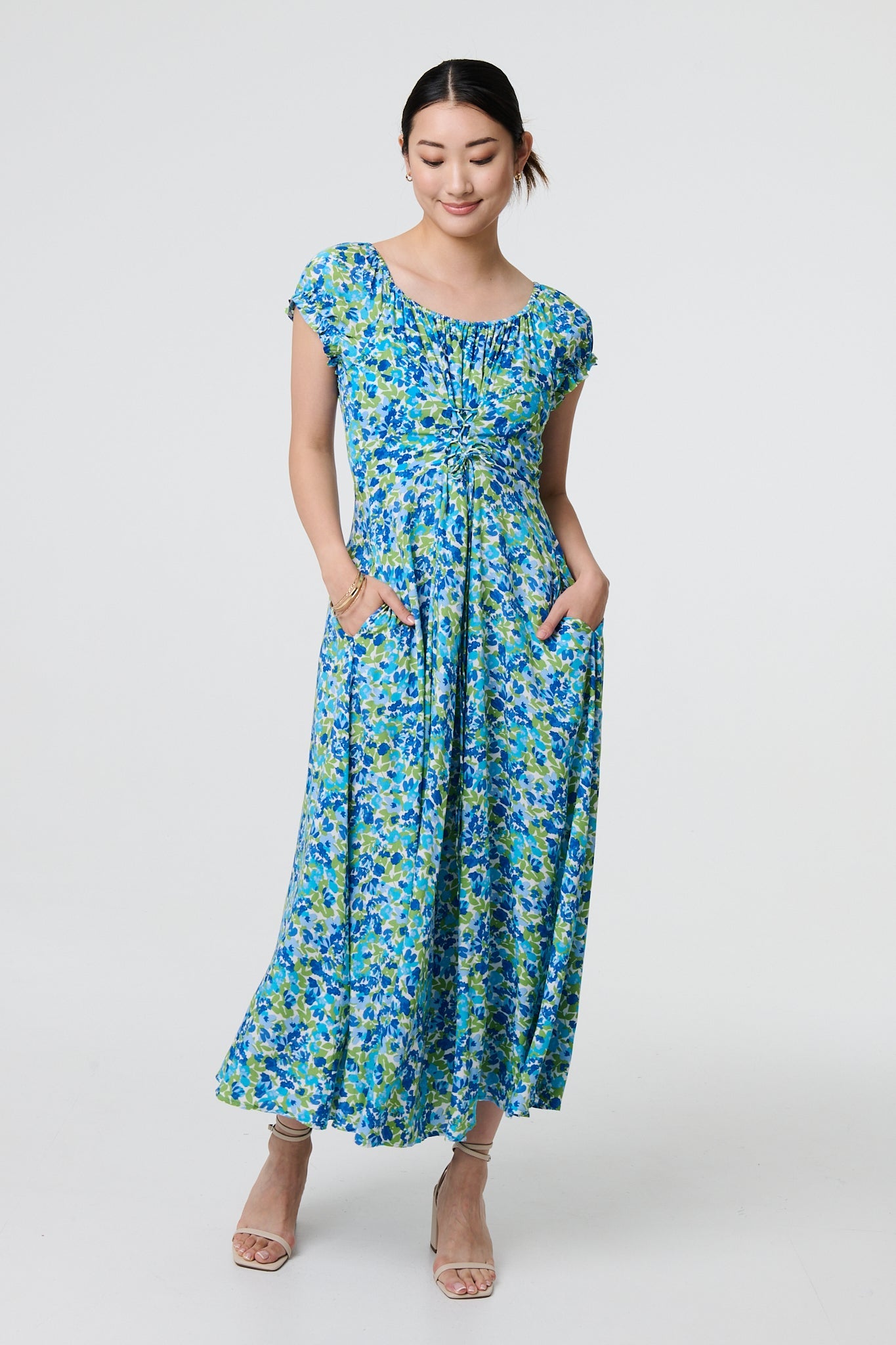 Ditsy Floral Bardot Smock Midi Dress Front View