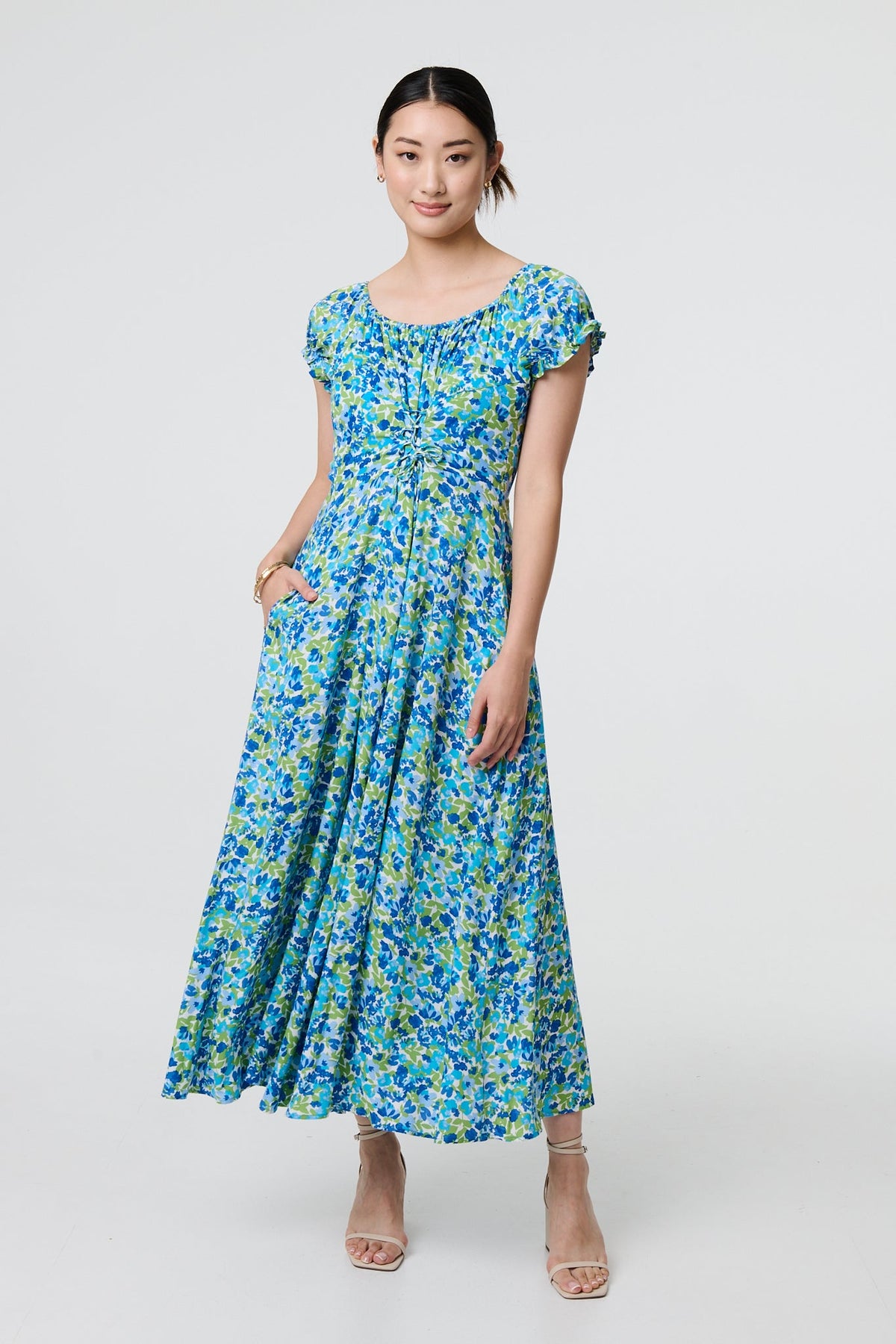 Ditsy Floral Bardot Smock Midi Dress Detail View