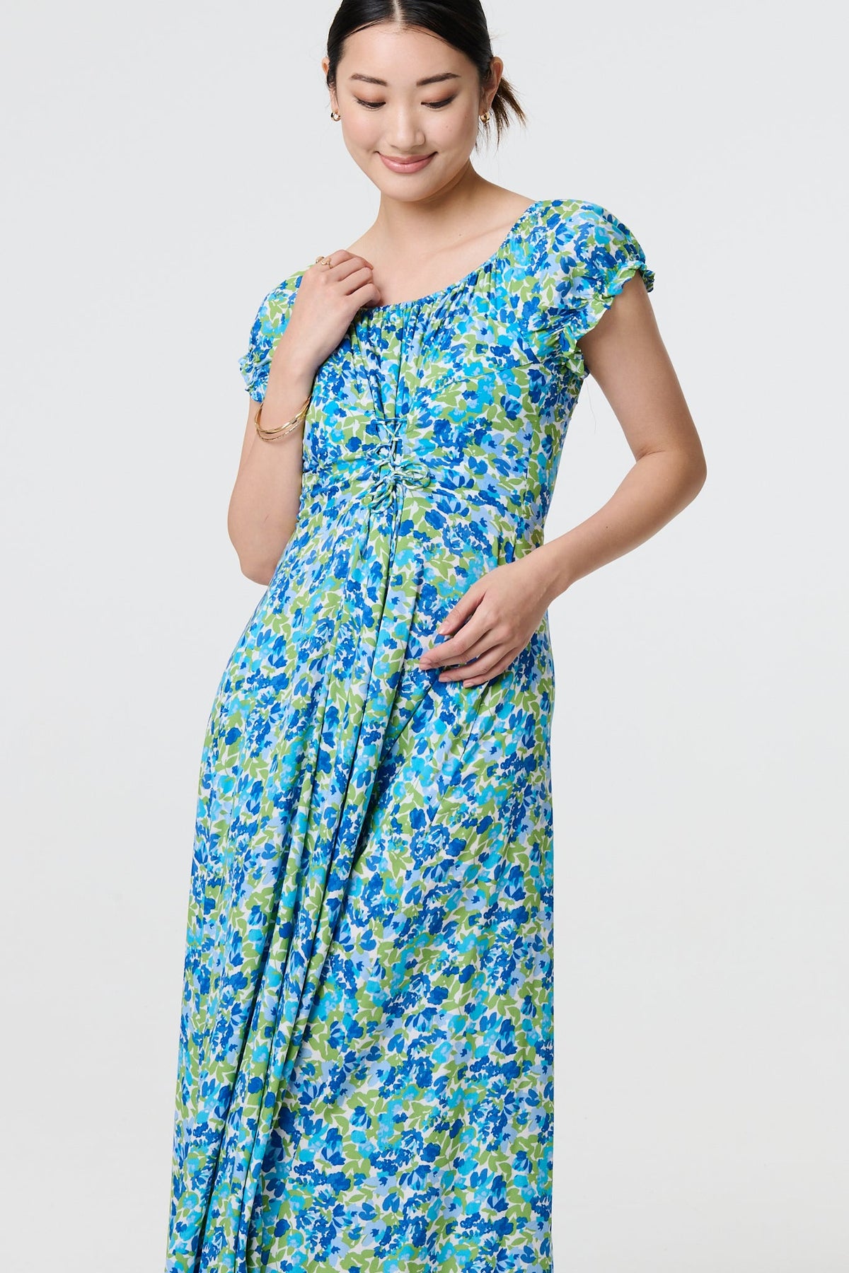 Ditsy Floral Bardot Smock Midi Dress Styled View