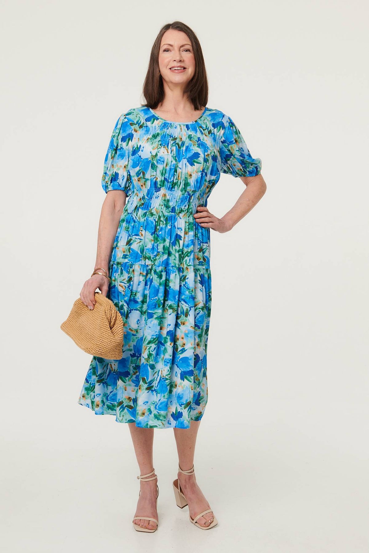 Floral Shirred Puff Sleeve Midi Dress Front View