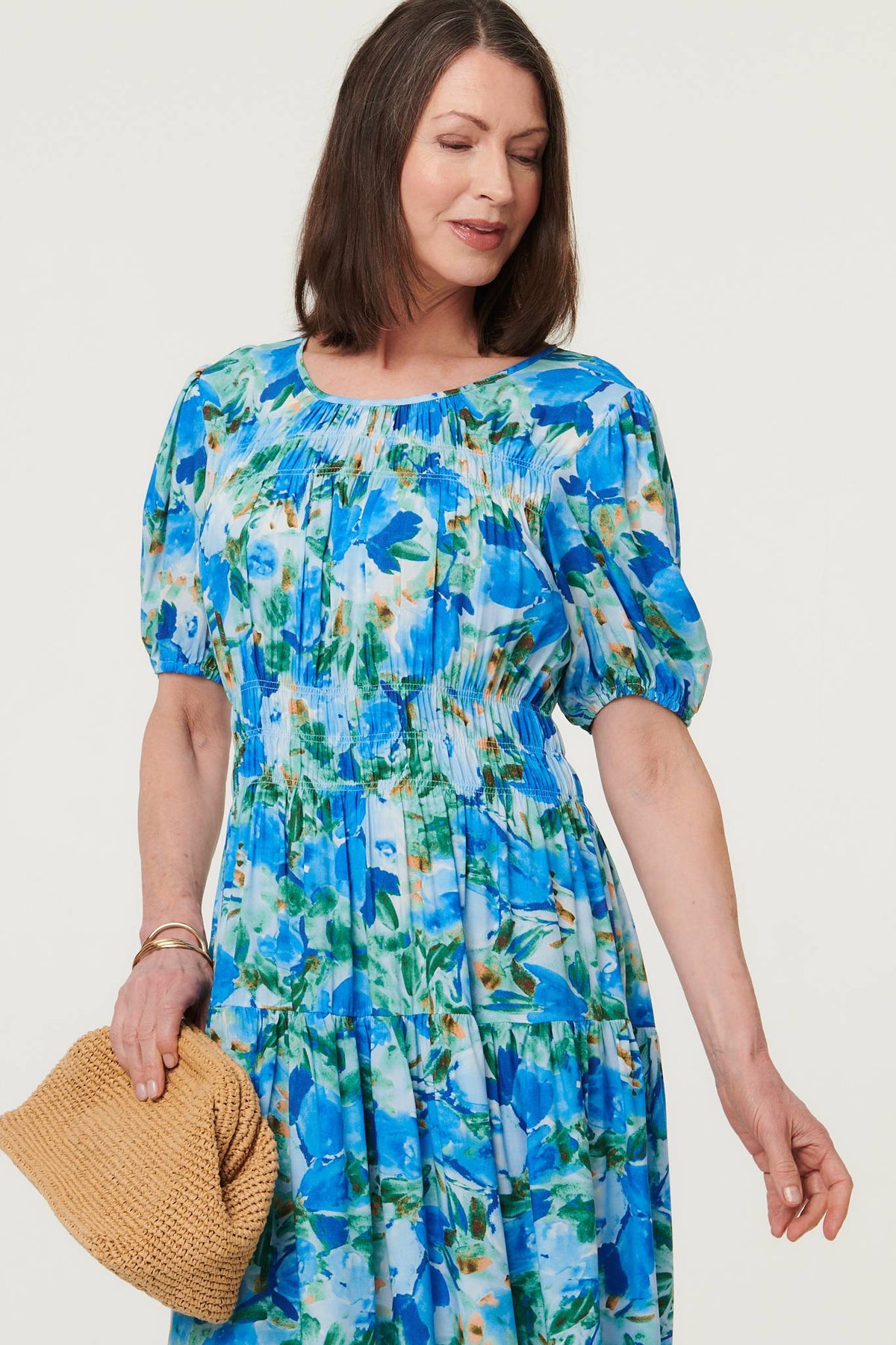 Floral Shirred Puff Sleeve Midi Dress Back View
