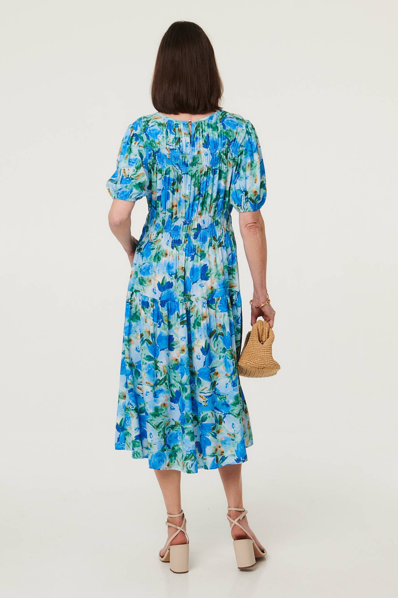 Floral Shirred Puff Sleeve Midi Dress Side View