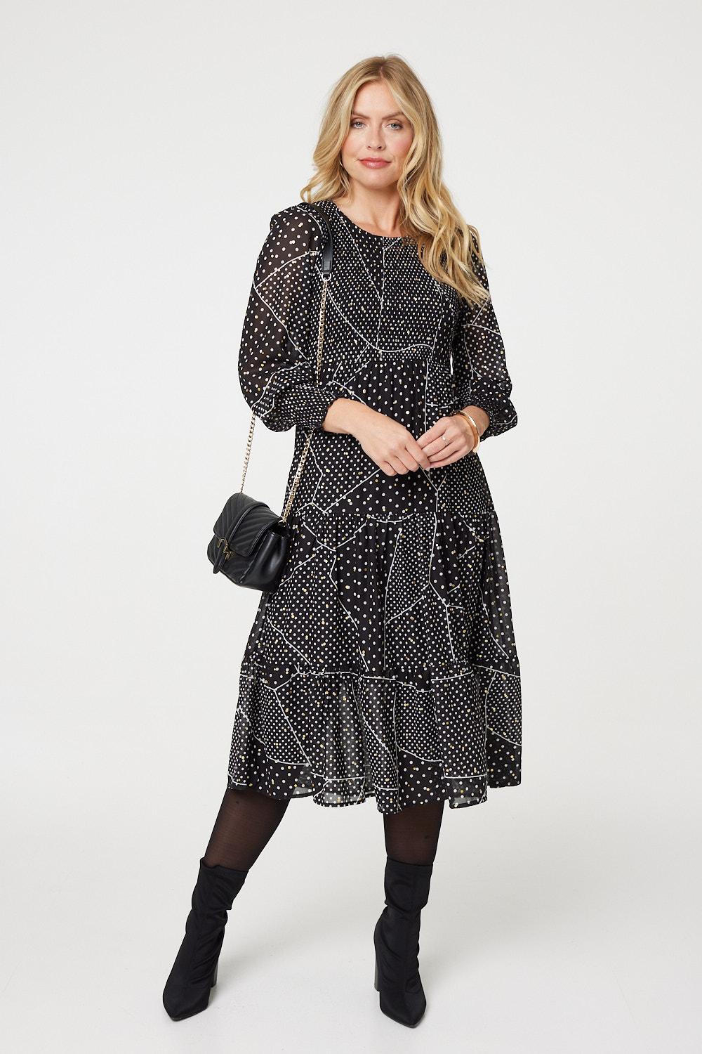 Polka Dot Print Puff Sleeve Midi Dress Front View