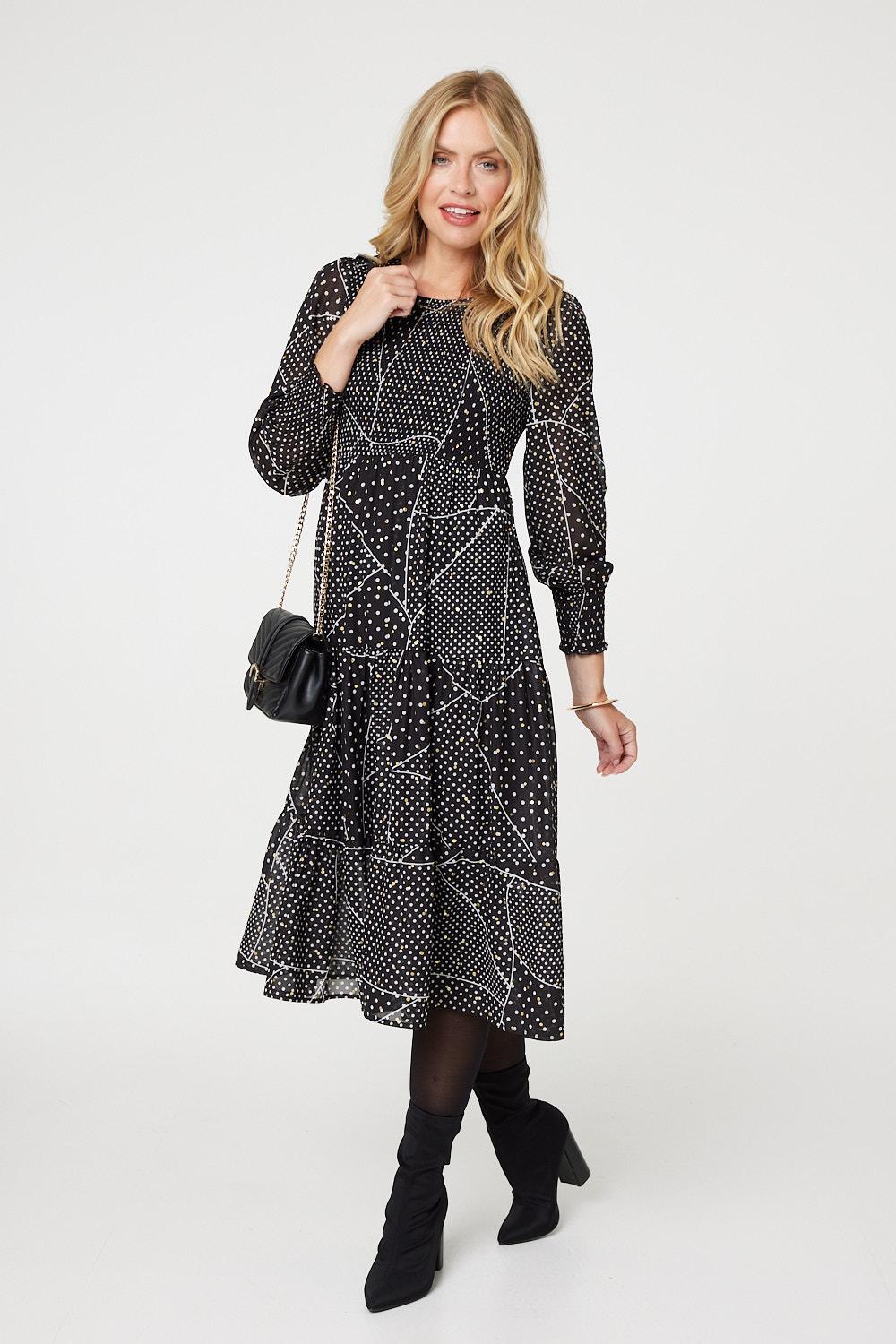 Polka Dot Print Puff Sleeve Midi Dress Front View 2