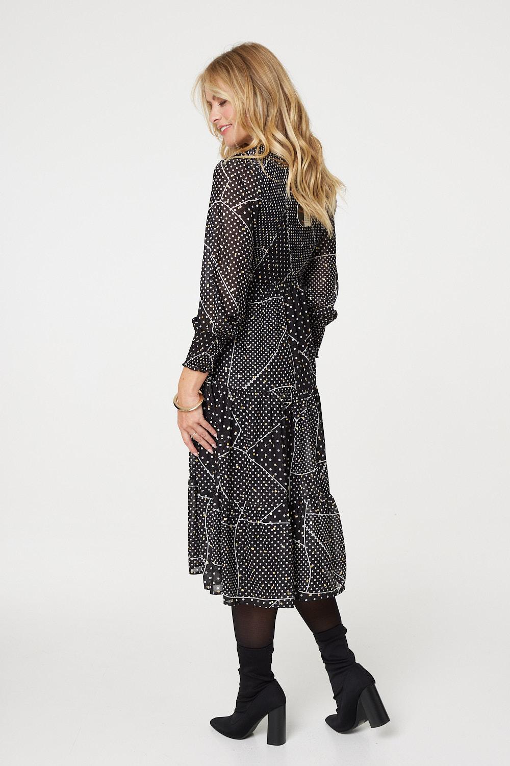 Polka Dot Print Puff Sleeve Midi Dress Detail View