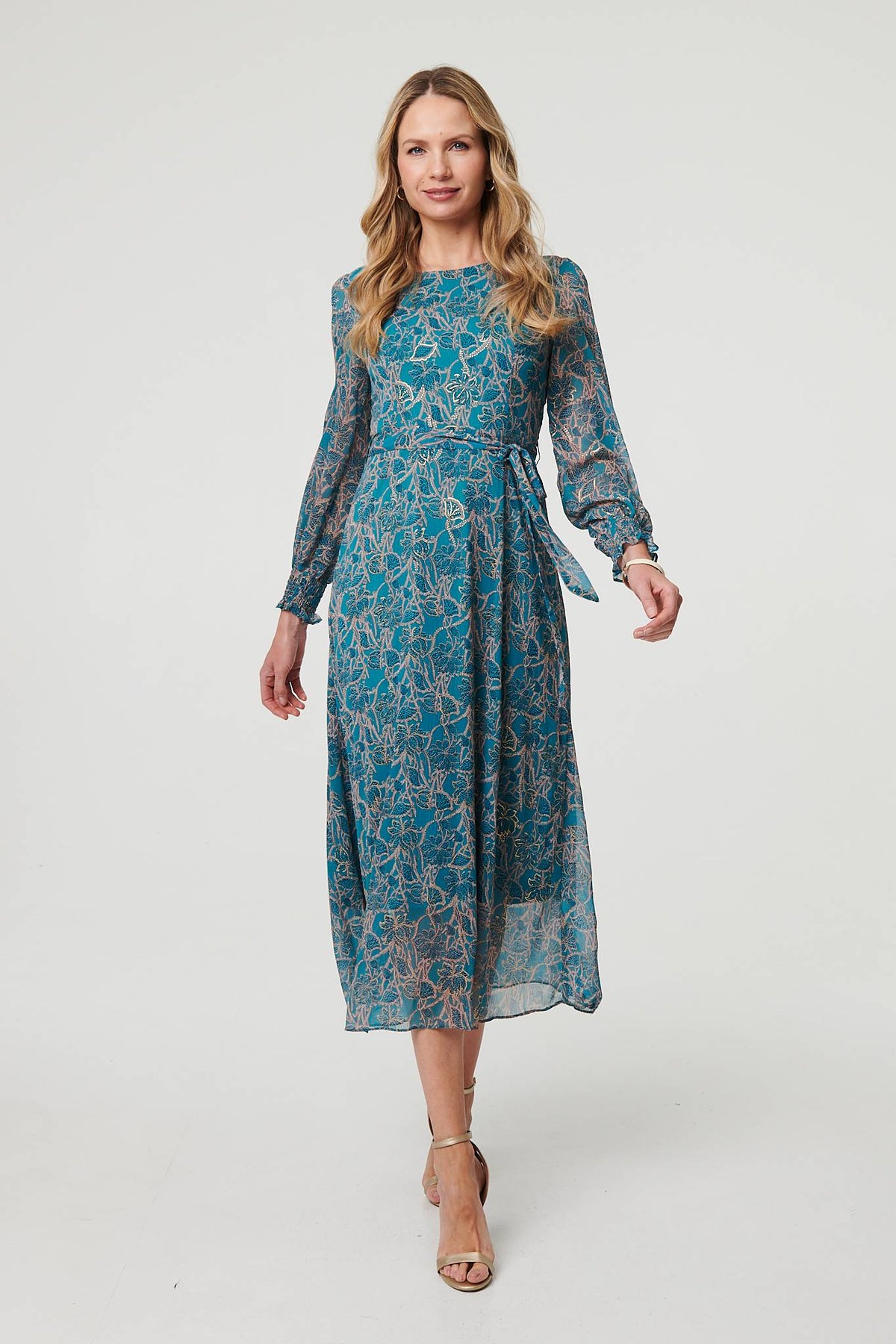 Printed Tie Waist Layered Midi Dress Front View