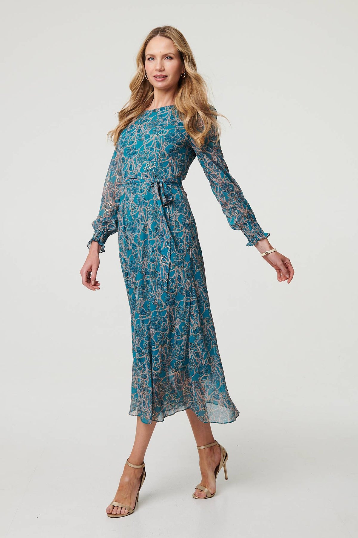 Printed Tie Waist Layered Midi Dress Styled View