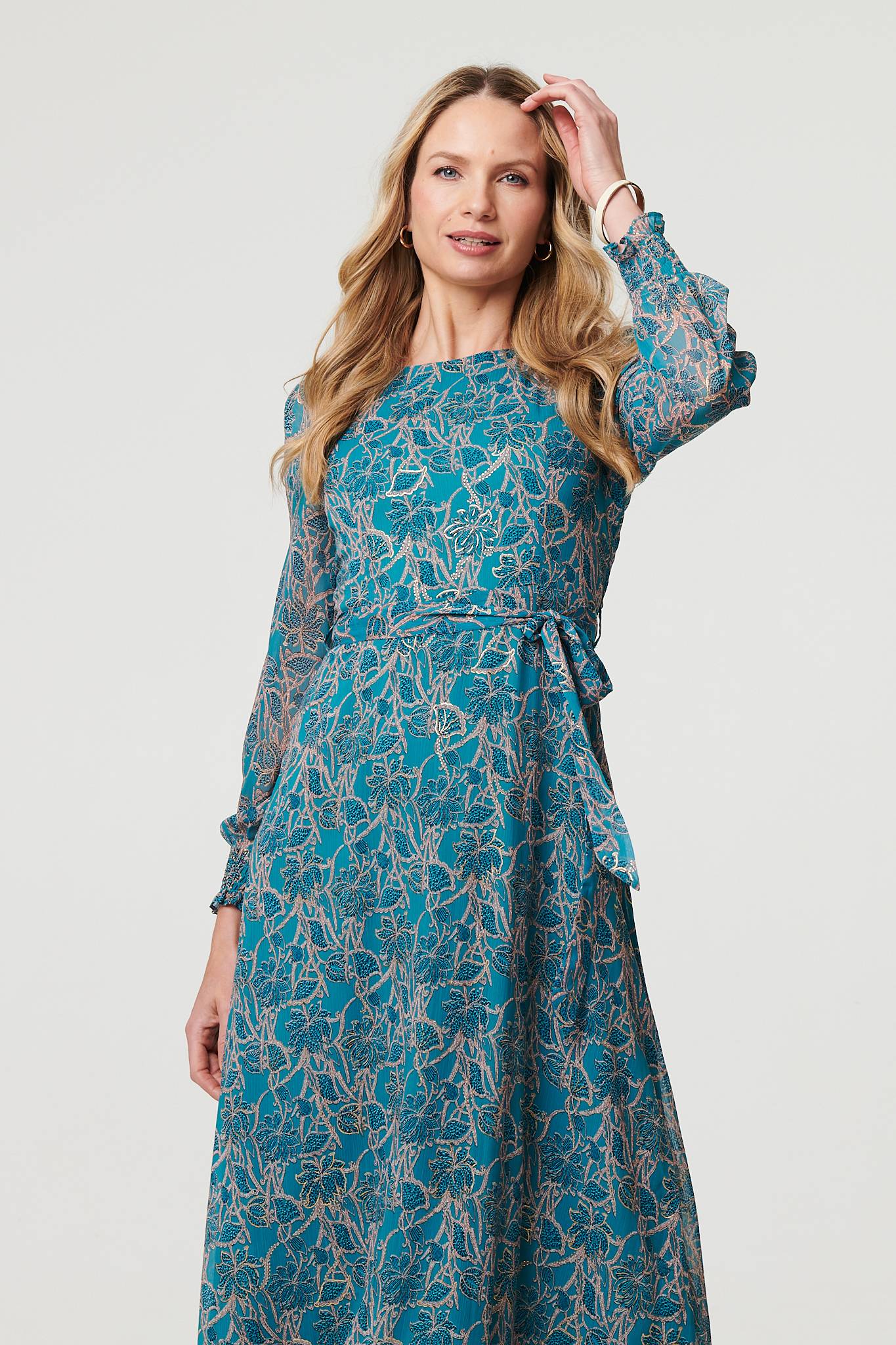 Printed Tie Waist Layered Midi Dress Back View