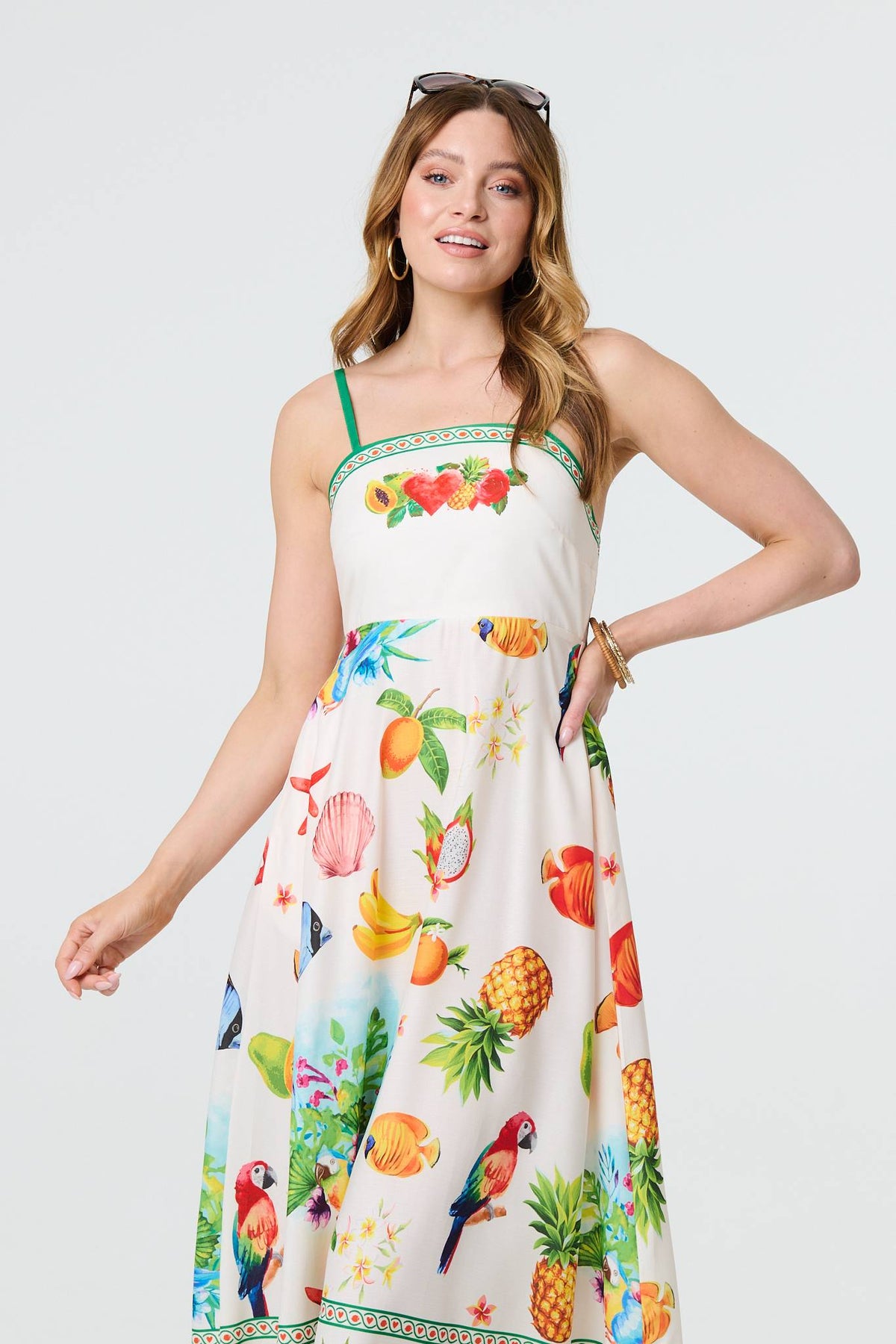 Border Print Cami Strap Midi Dress Front View 2