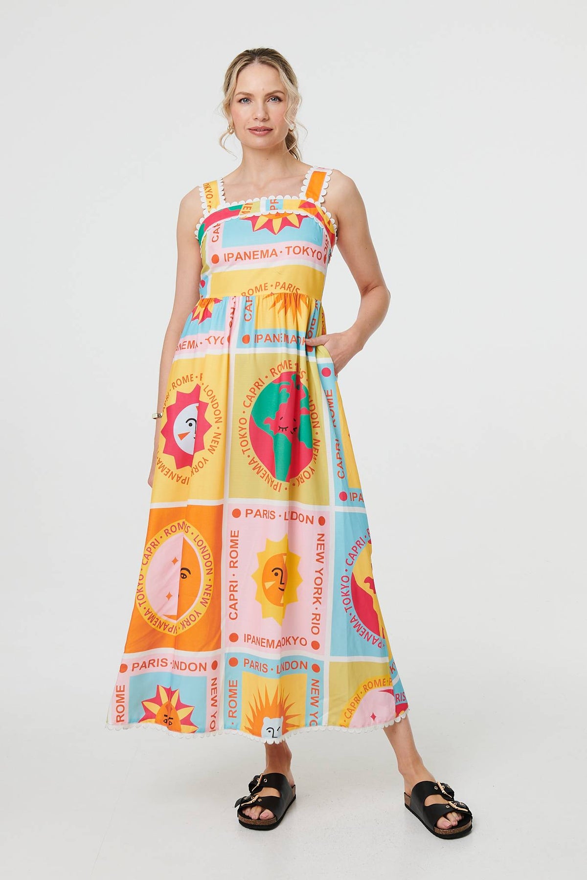 Patchwork Print Sleeveless Maxi Dress Styled View