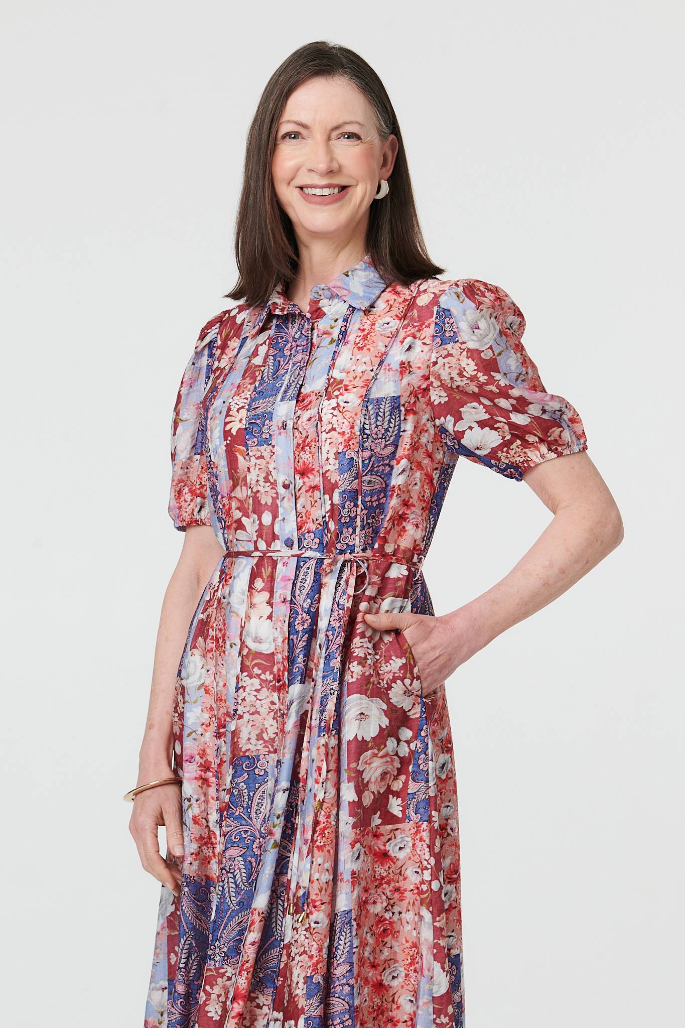 Patchwork 1/2 Puff Sleeve Midi Dress Back View