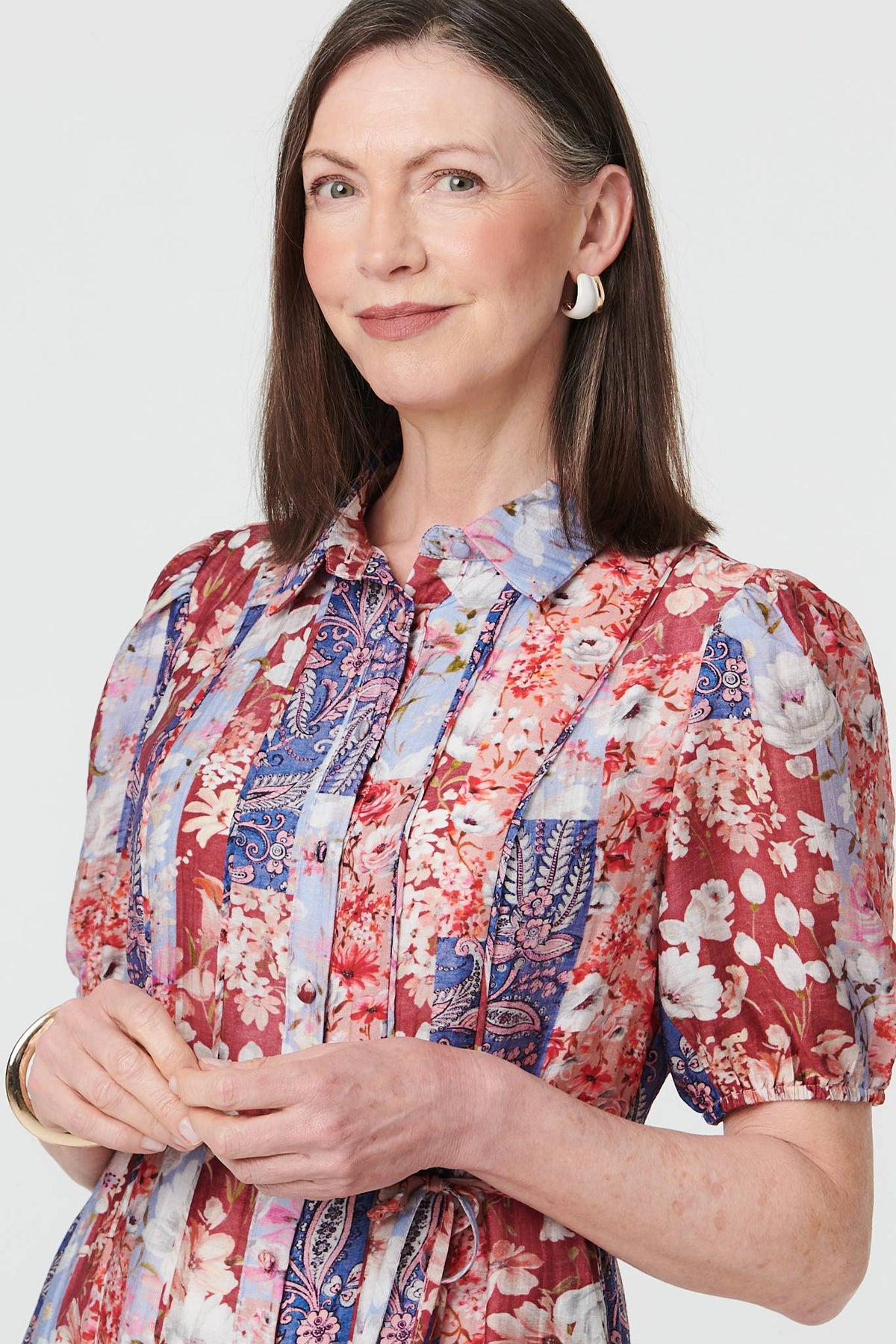 Patchwork 1/2 Puff Sleeve Midi Dress Detail View