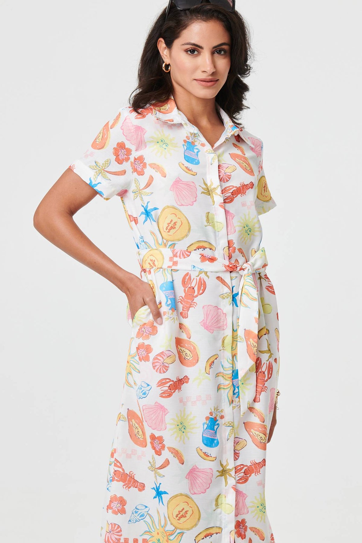 Abstract Tie Waist Midi Shirt Dress Detail View