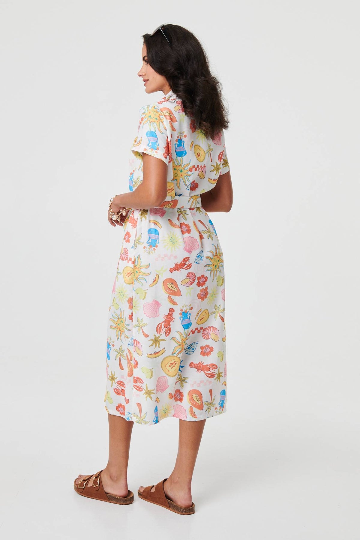 Abstract Tie Waist Midi Shirt Dress Styled View