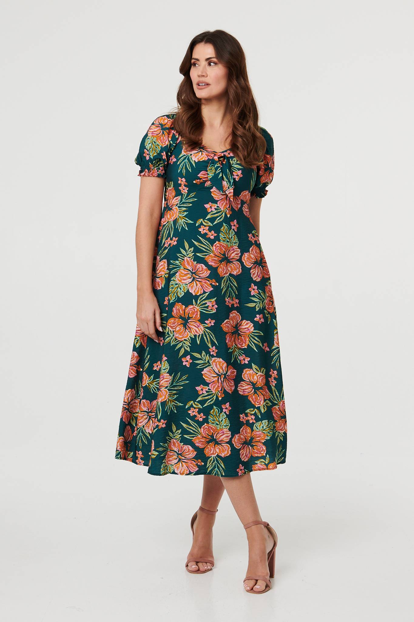 Floral Tie Short Puff Sleeve Midi Dress Back View