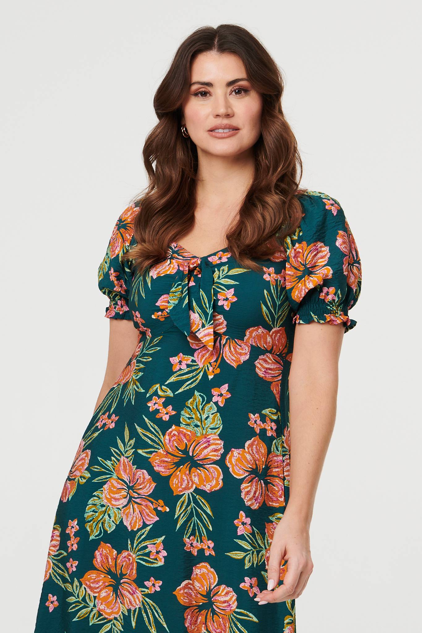 Floral Tie Short Puff Sleeve Midi Dress Back View 2