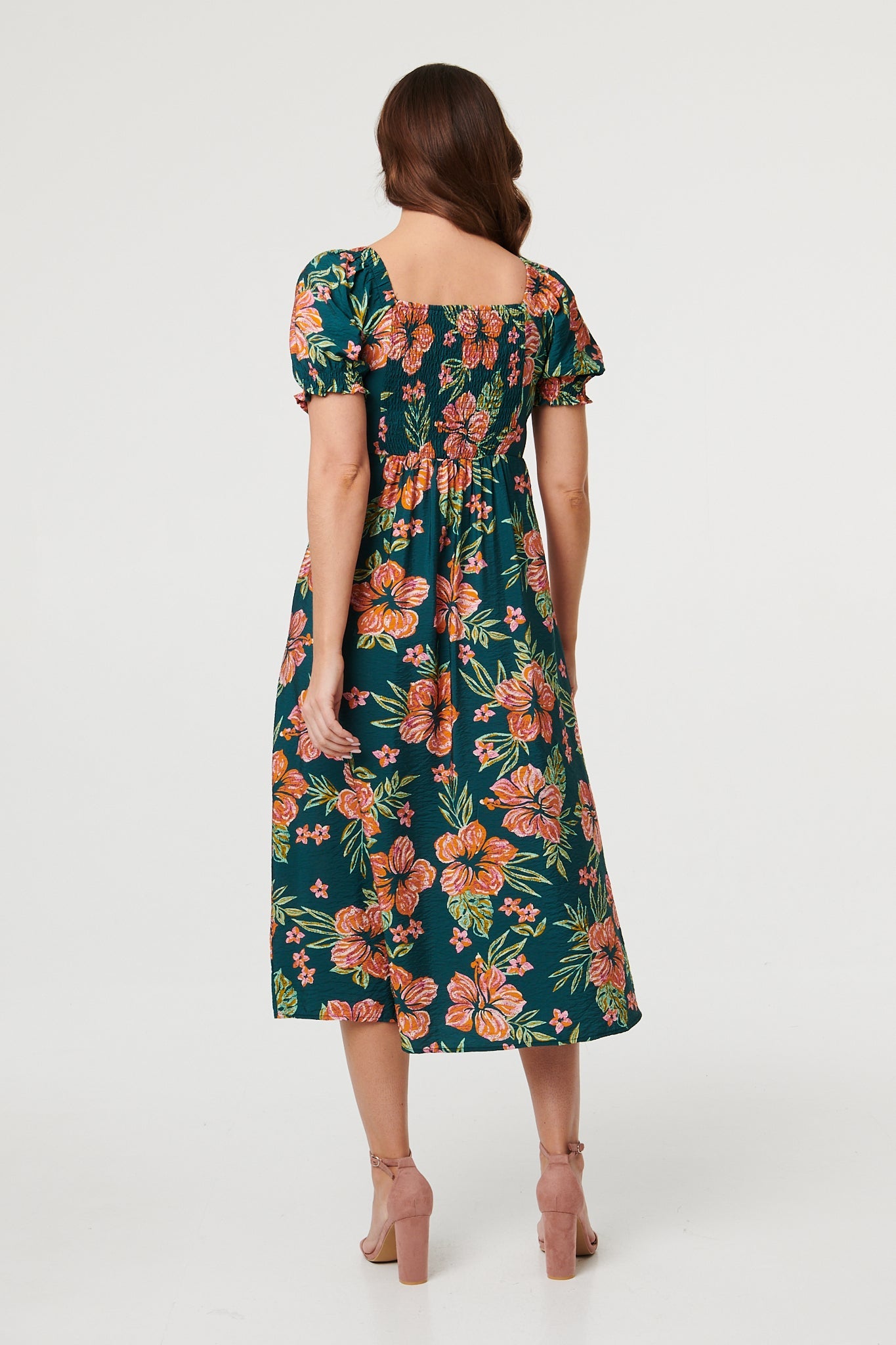 Floral Tie Short Puff Sleeve Midi Dress Full Length View