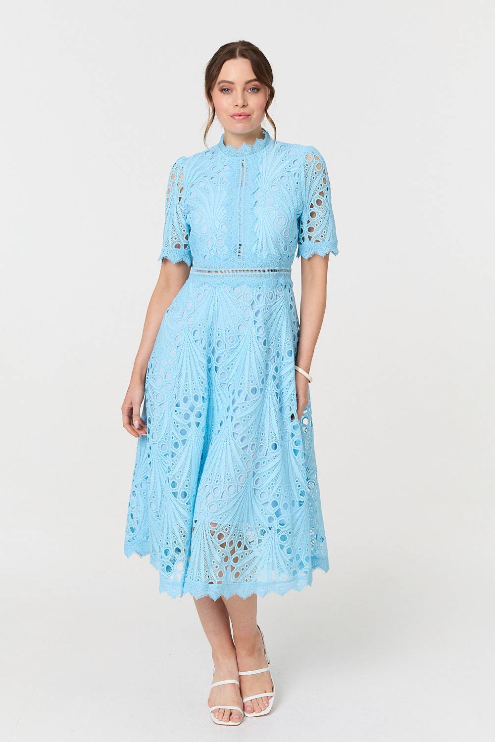 Floral Lace Cut Out Frilled Trim Midi Dress Detail View 3