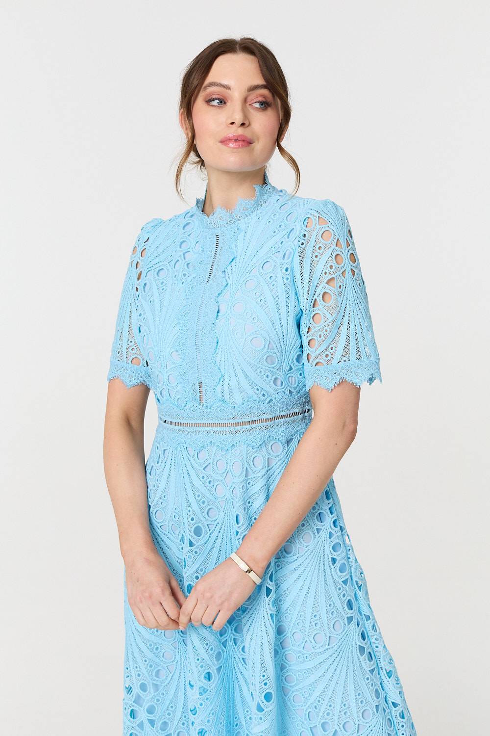Floral Lace Cut Out Frilled Trim Midi Dress Side View 3