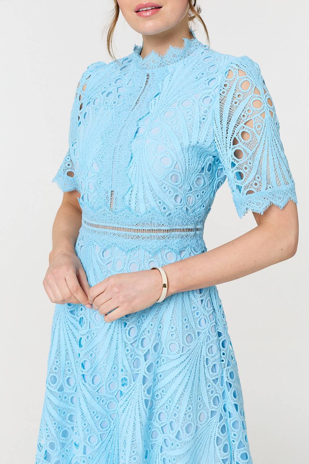 Floral Lace Cut Out Frilled Trim Midi Dress Front View 3