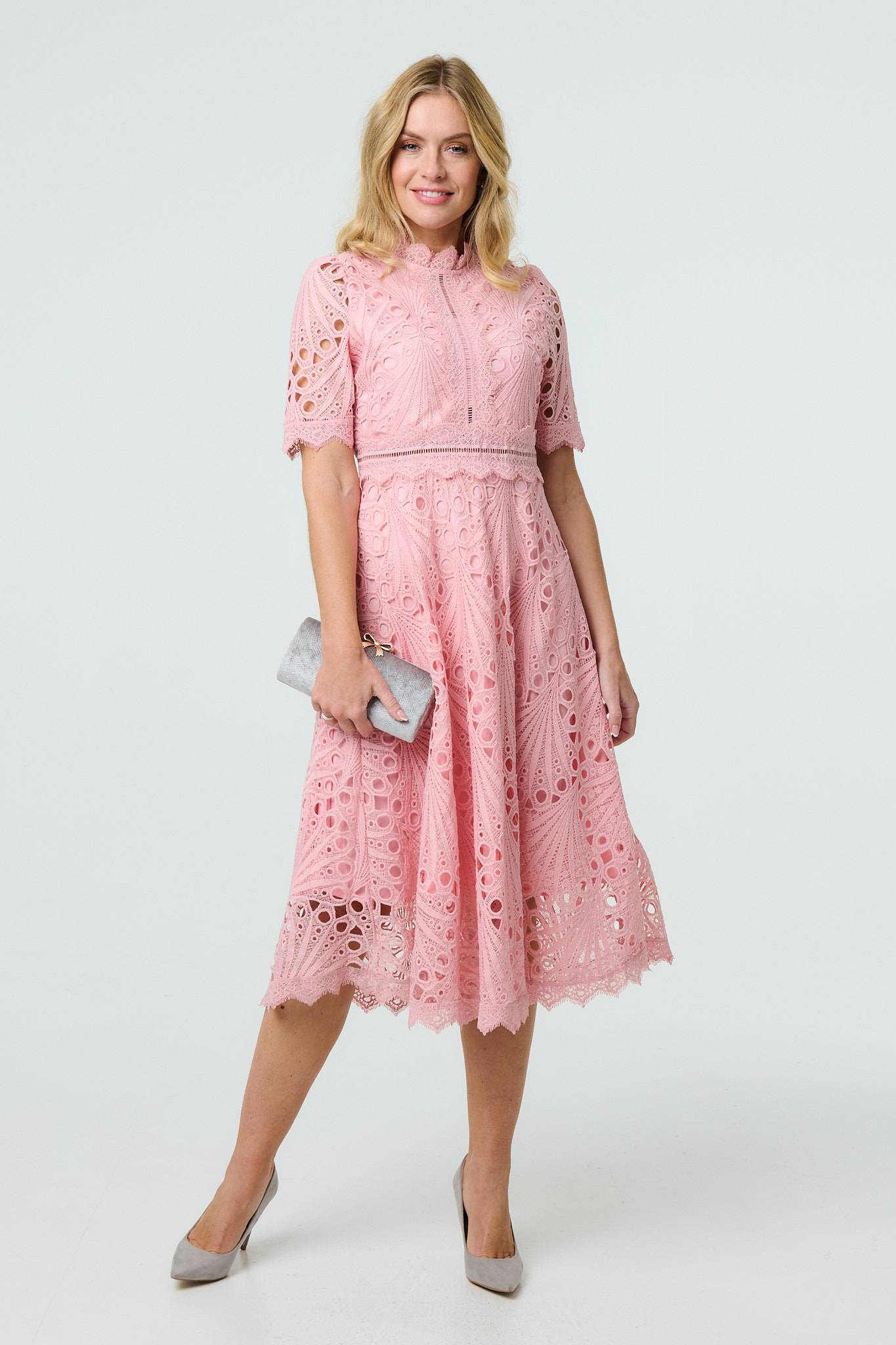 Floral Lace Cut Out Frilled Trim Midi Dress Front View