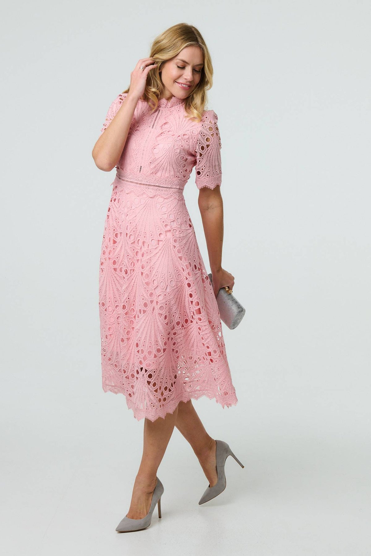 Floral Lace Cut Out Frilled Trim Midi Dress Full Length View
